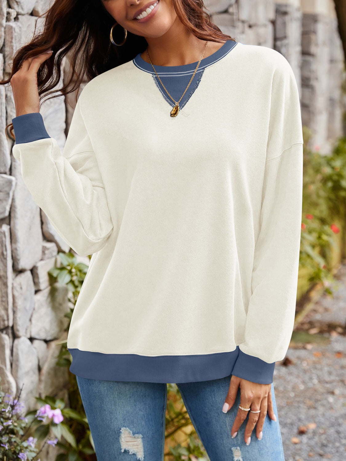 Contrast Round Neck Long Sleeve Sweatshirt - Charming Charlie