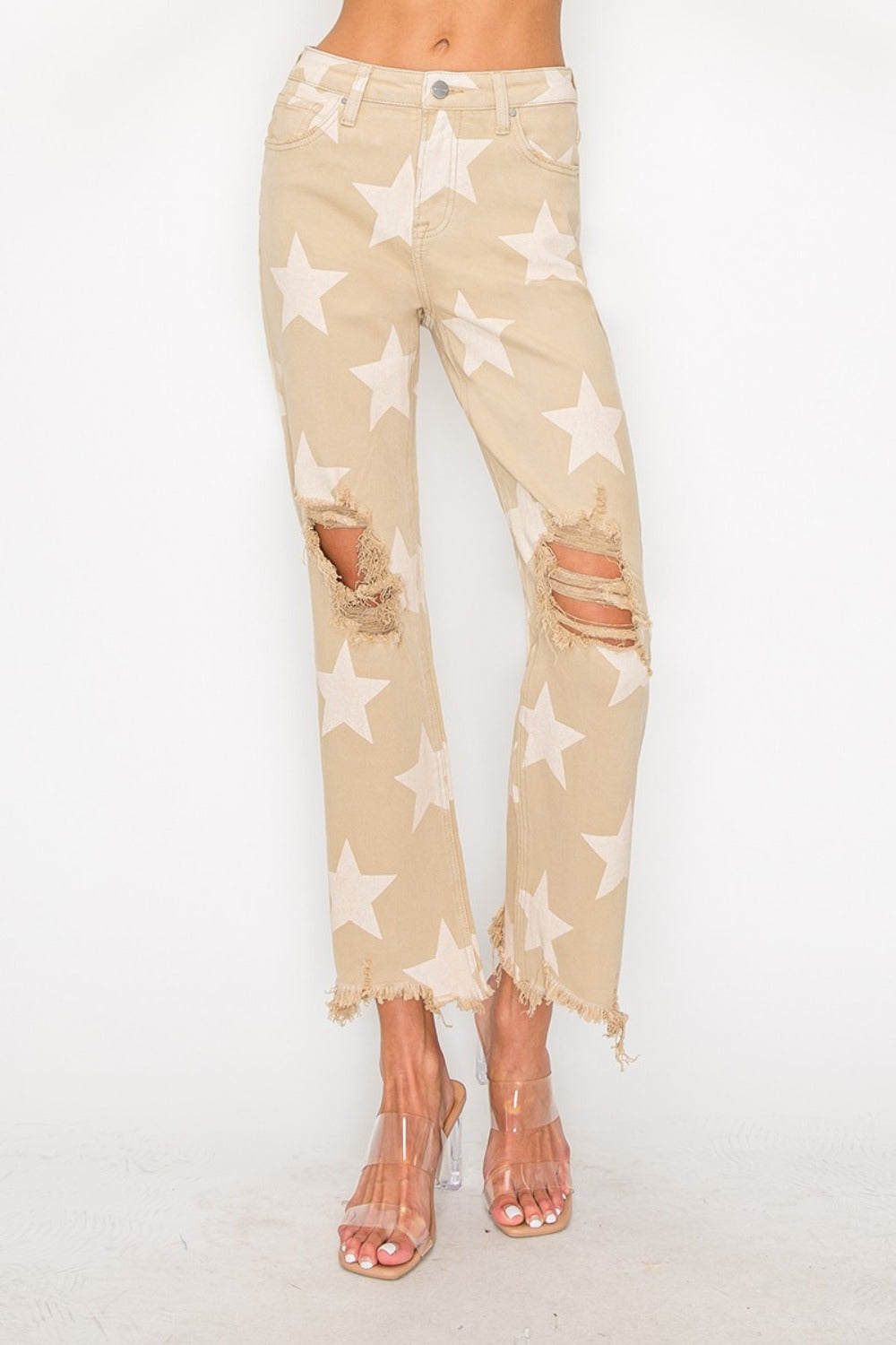 RISEN Full Size High Rise Star Printed Frayed Hem Jeans - Charming Charlie