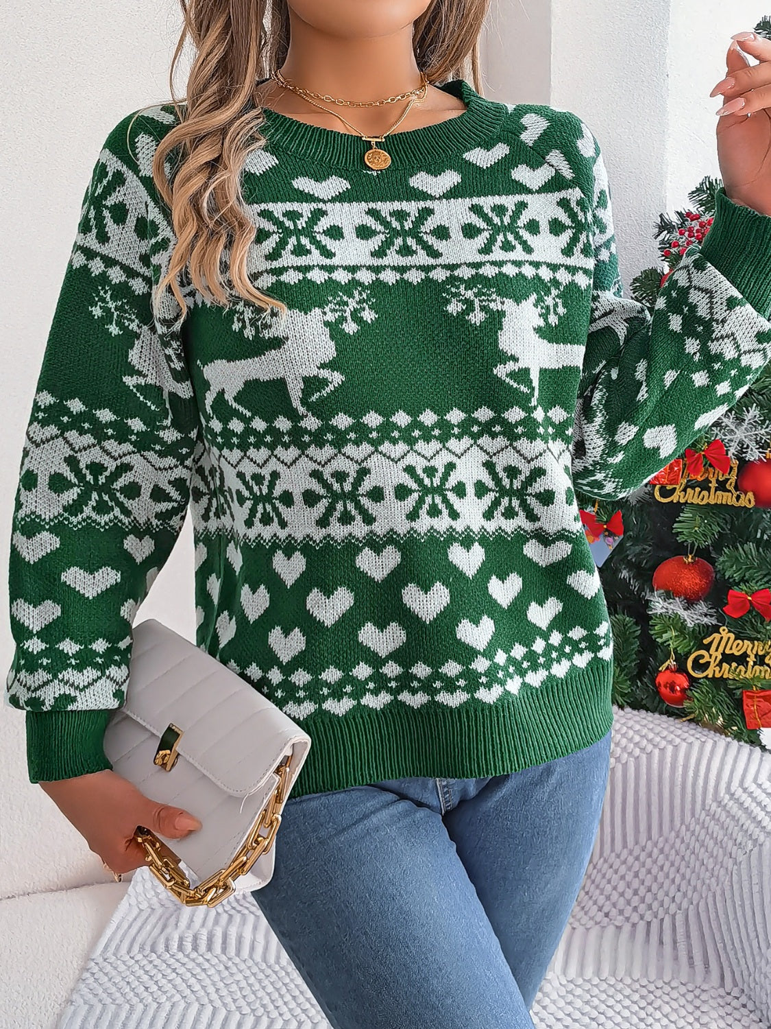Christmas Element Round Neck Long Sleeve Sweater - Charming Charlie