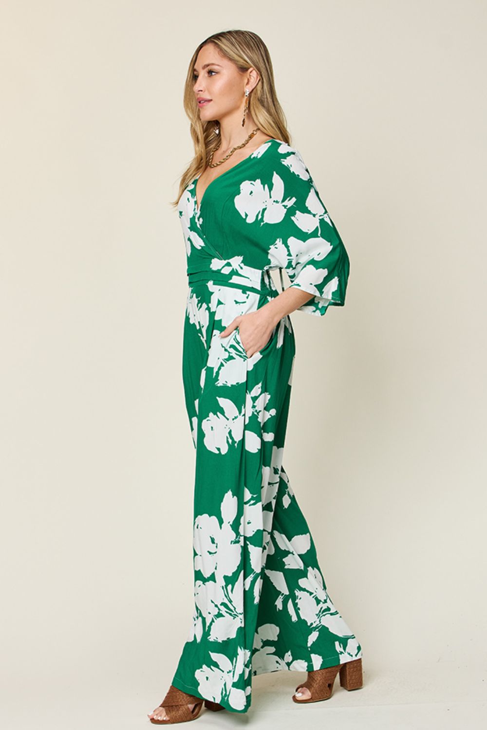 Double Take Full Size Printed Tie Back Wide Leg Jumpsuit - Charming Charlie