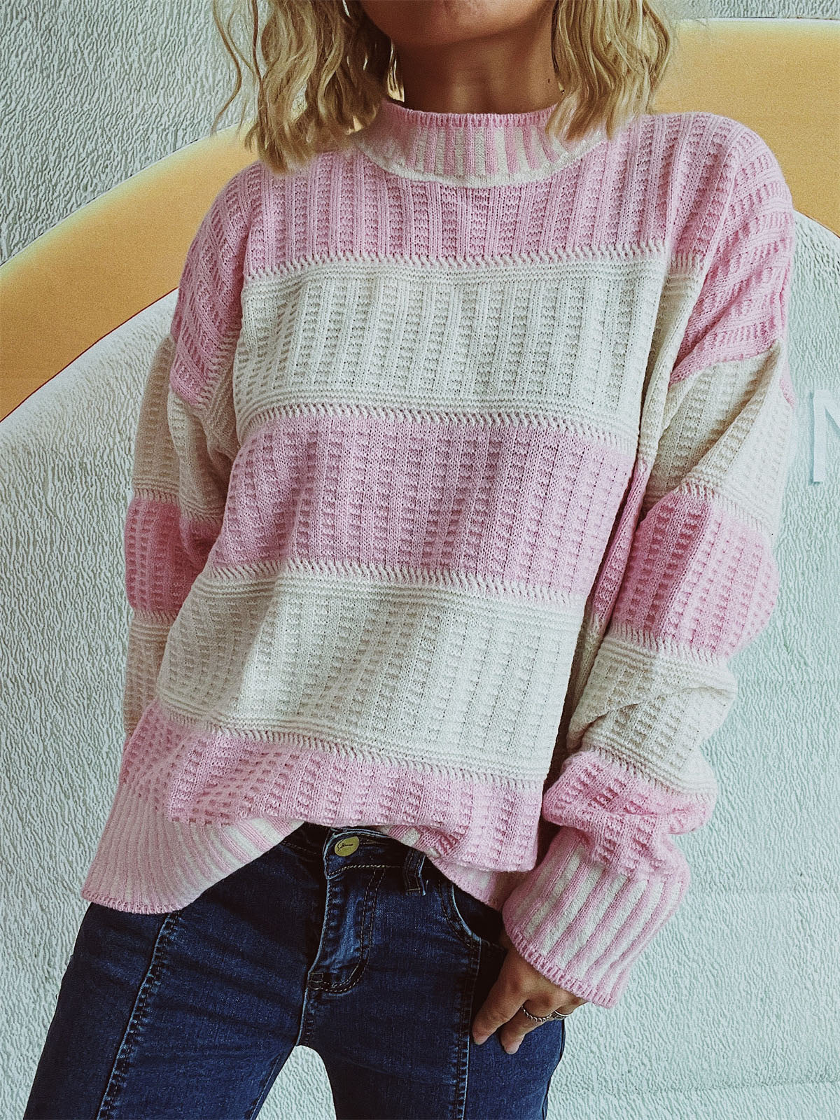 Contrast Round Neck Long Sleeve Sweater - Charming Charlie