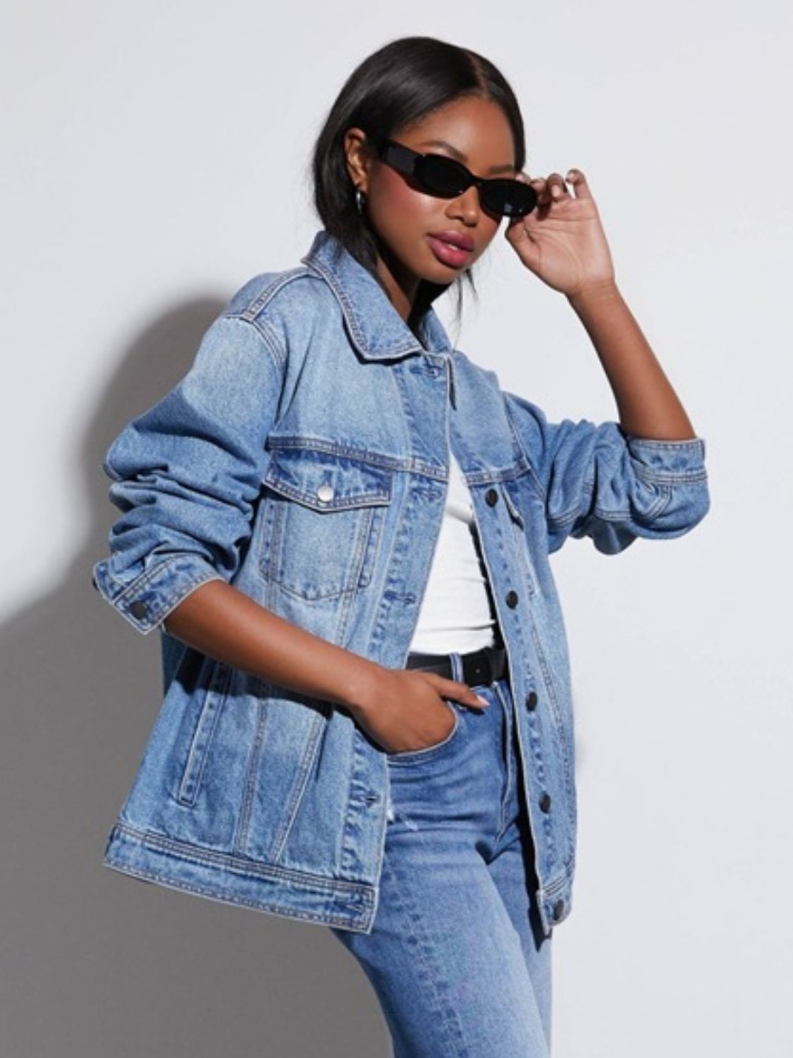 Button Up Collared Neck Denim Jacket - Charming Charlie