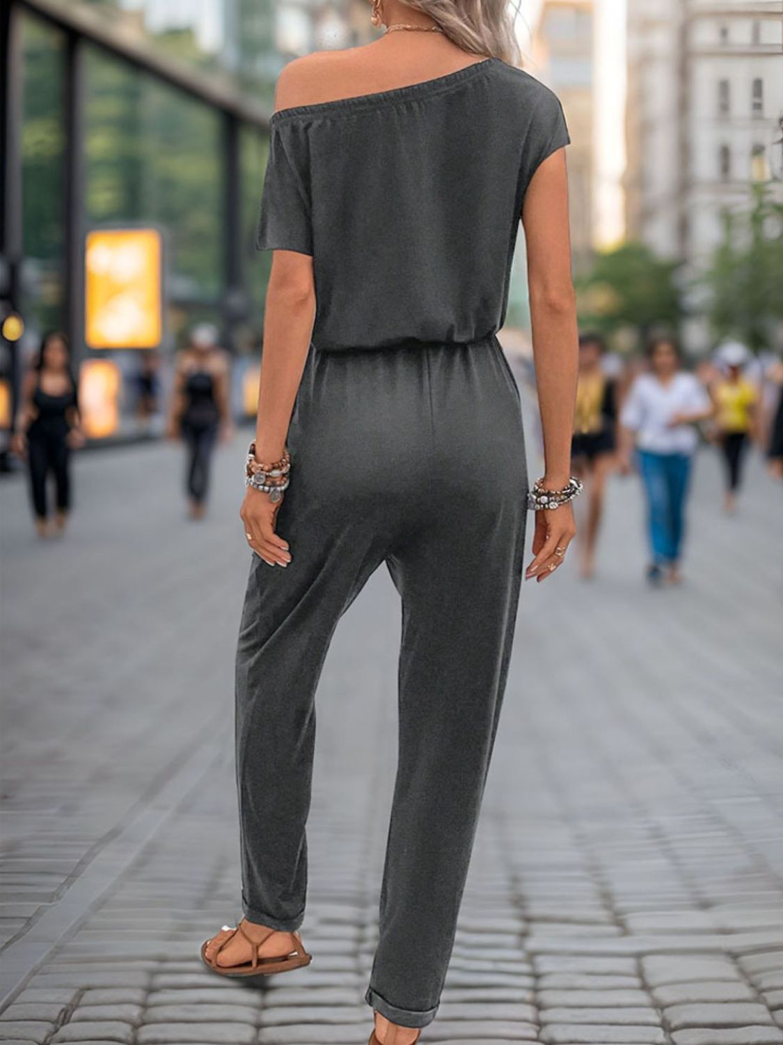 Single Shoulder Short Sleeve Jumpsuit - Charming Charlie