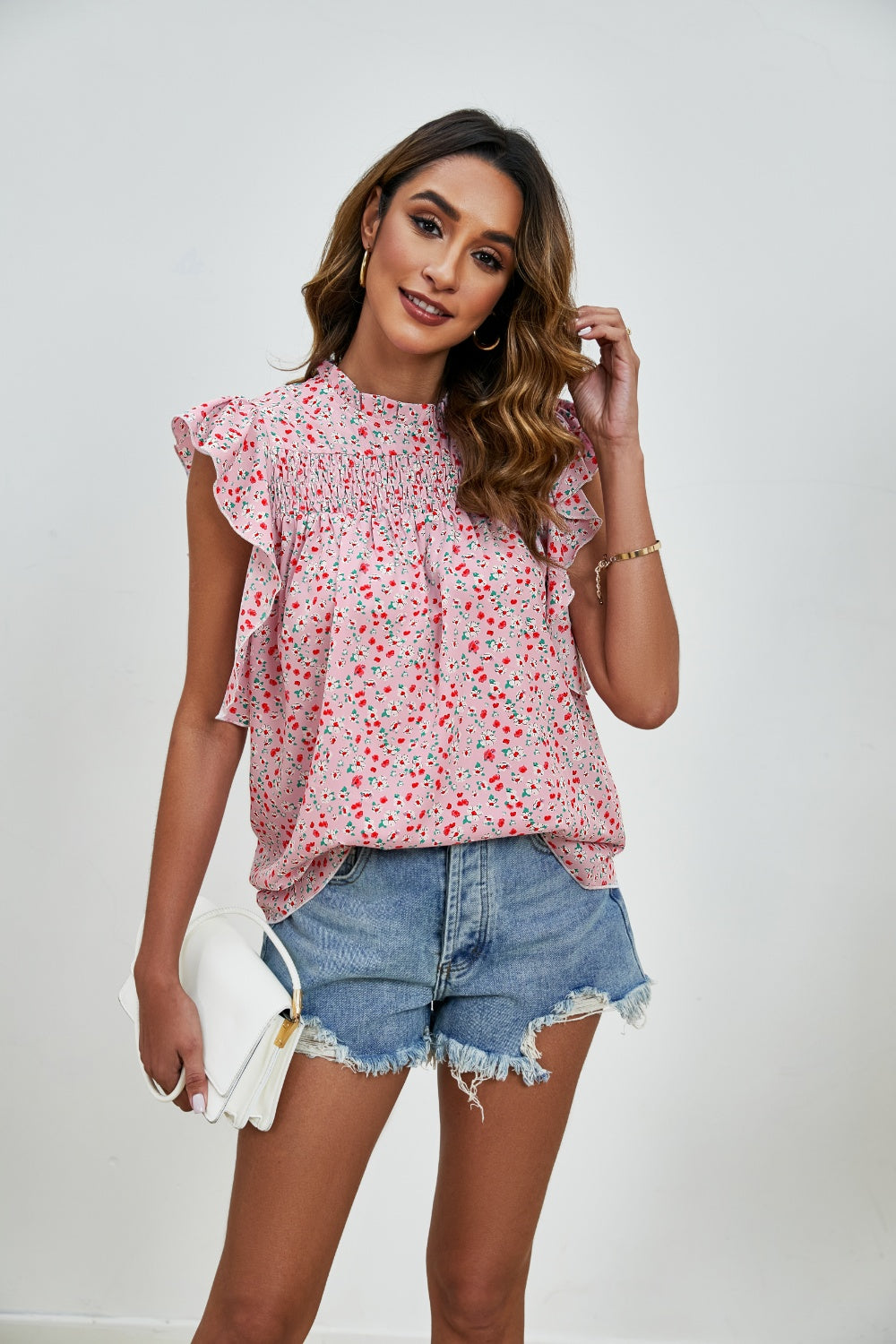 Ruffled Ditsy Floral Mock Neck Cap Sleeve Blouse - Charming Charlie