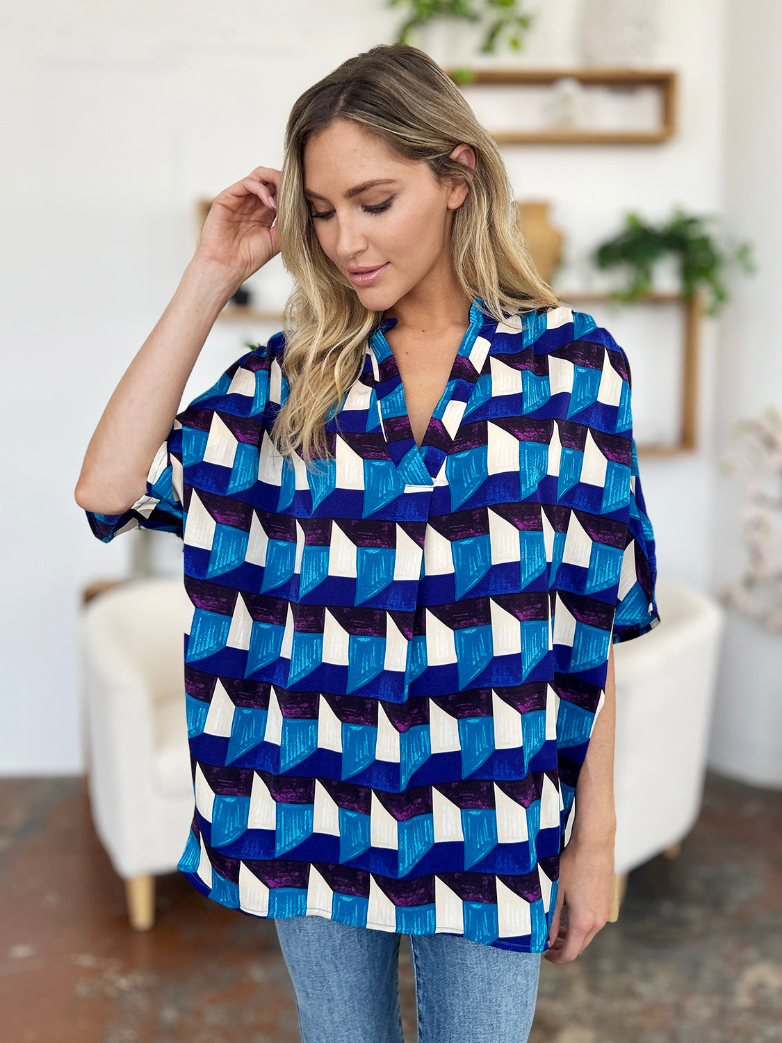 Double Take Full Size Geometric Notched Half Sleeve Blouse - Charming Charlie