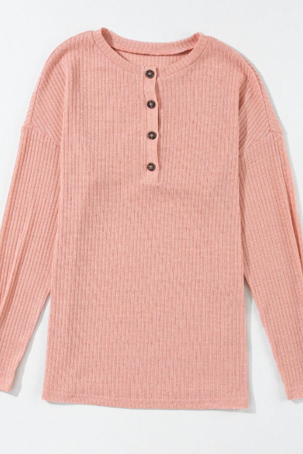 Quarter Button Round Neck Dropped Shoulder Knit Top - Charming Charlie