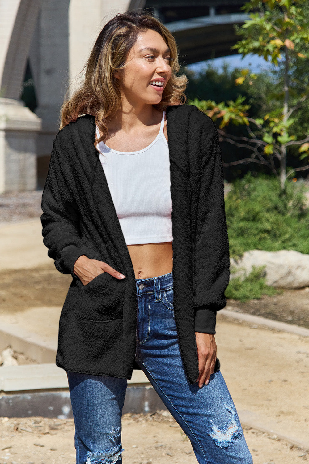 Full Size Teddy Hooded Jacket with Pockets - Charming Charlie