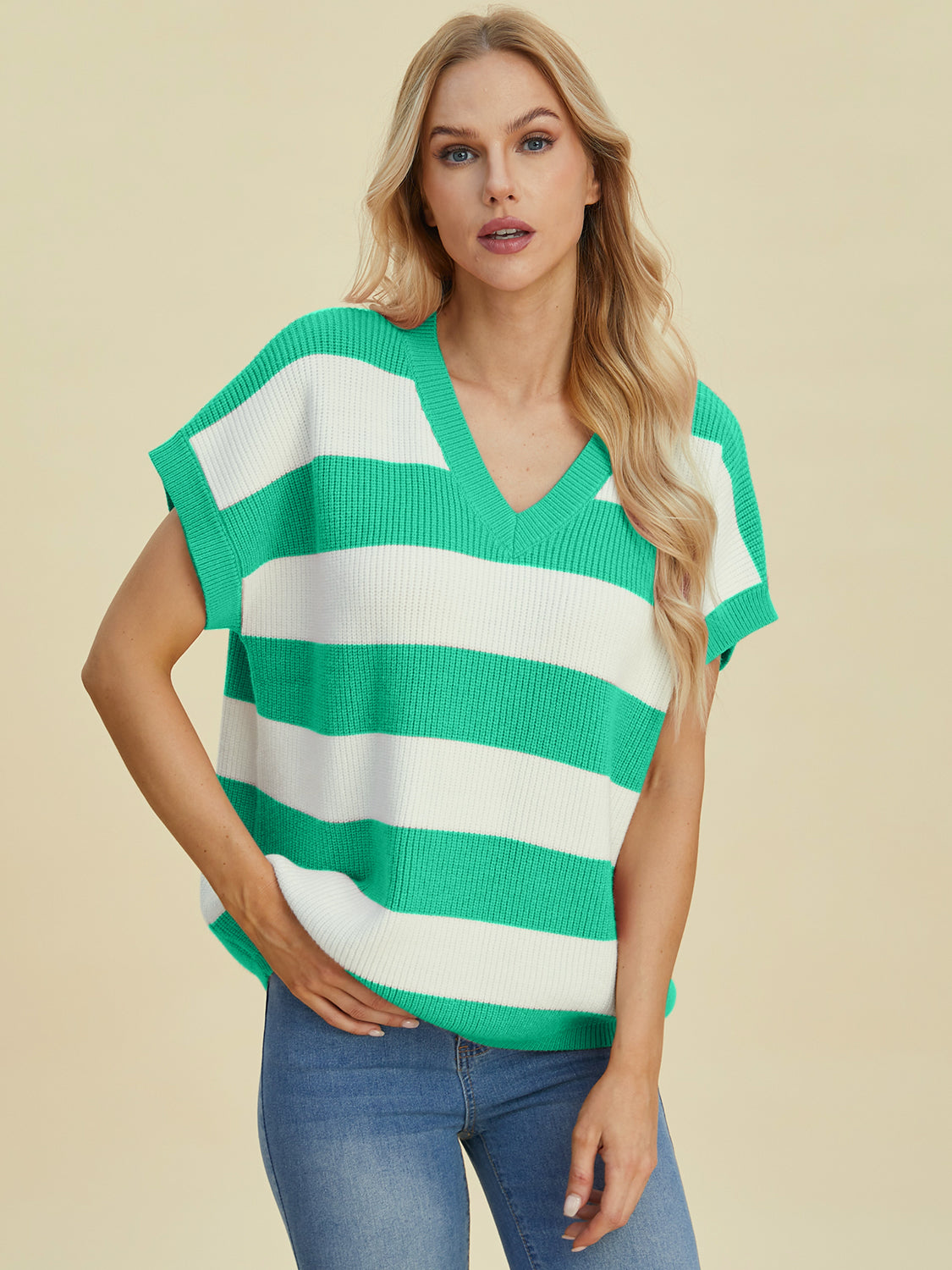 Double Take Full Size Striped V-Neck Short Sleeve Sweater - Charming Charlie