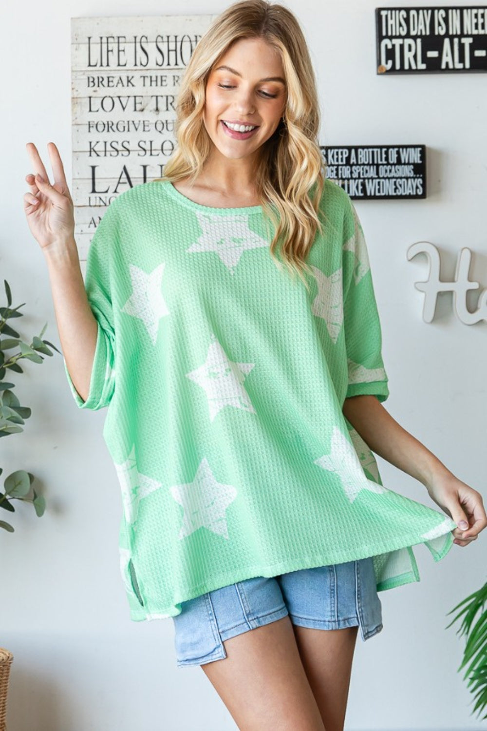 HOPELY Star Pattern Oversized Waffle T-Shirt - Charming Charlie