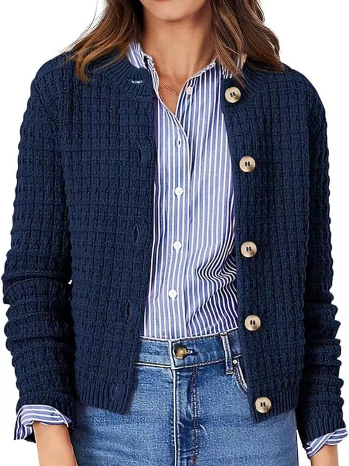 Button Up Round Neck Long Sleeve Cardigan - Charming Charlie
