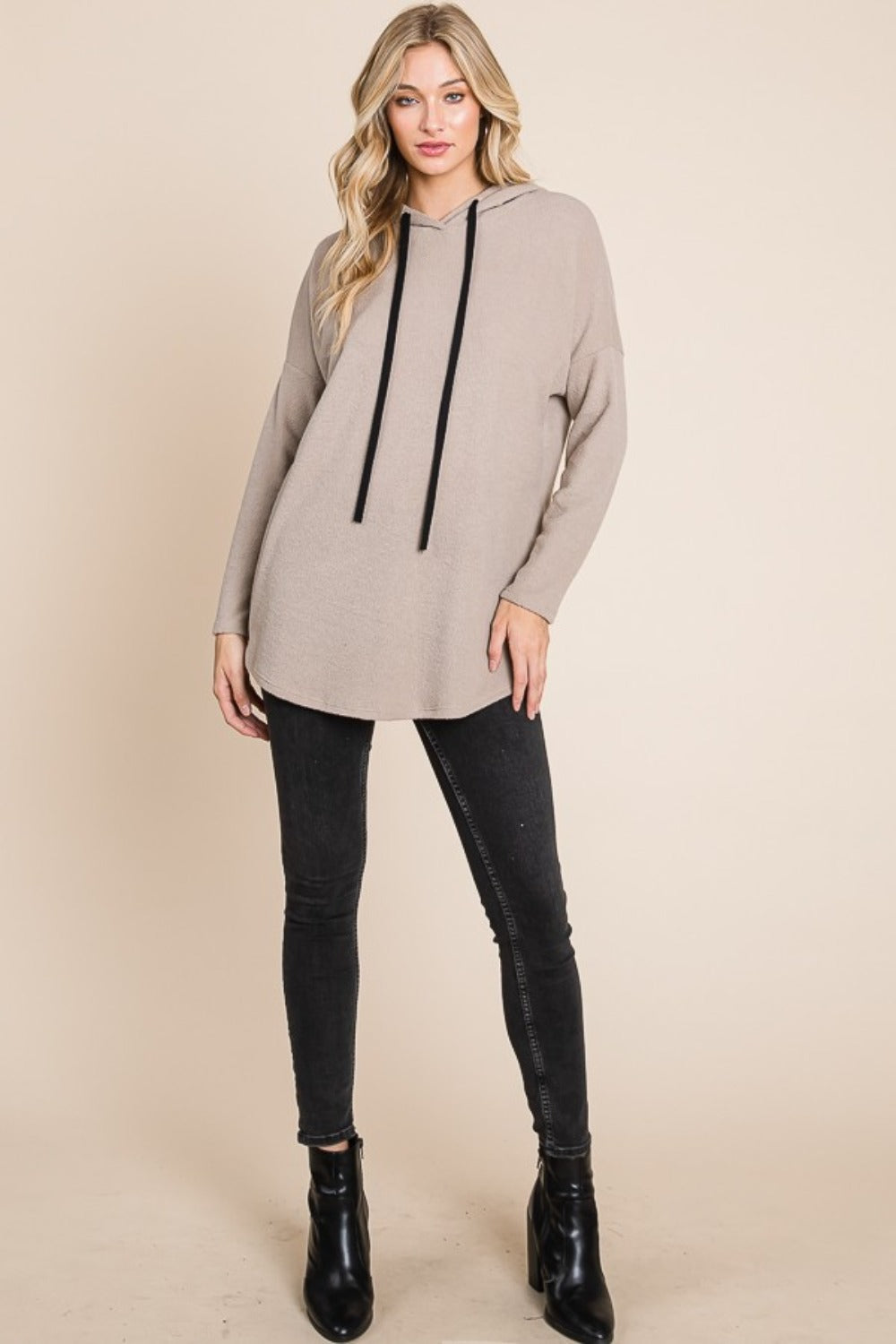BOMBOM Contrast Drawstring Drop Shoulder Knit Hoodie - Charming Charlie
