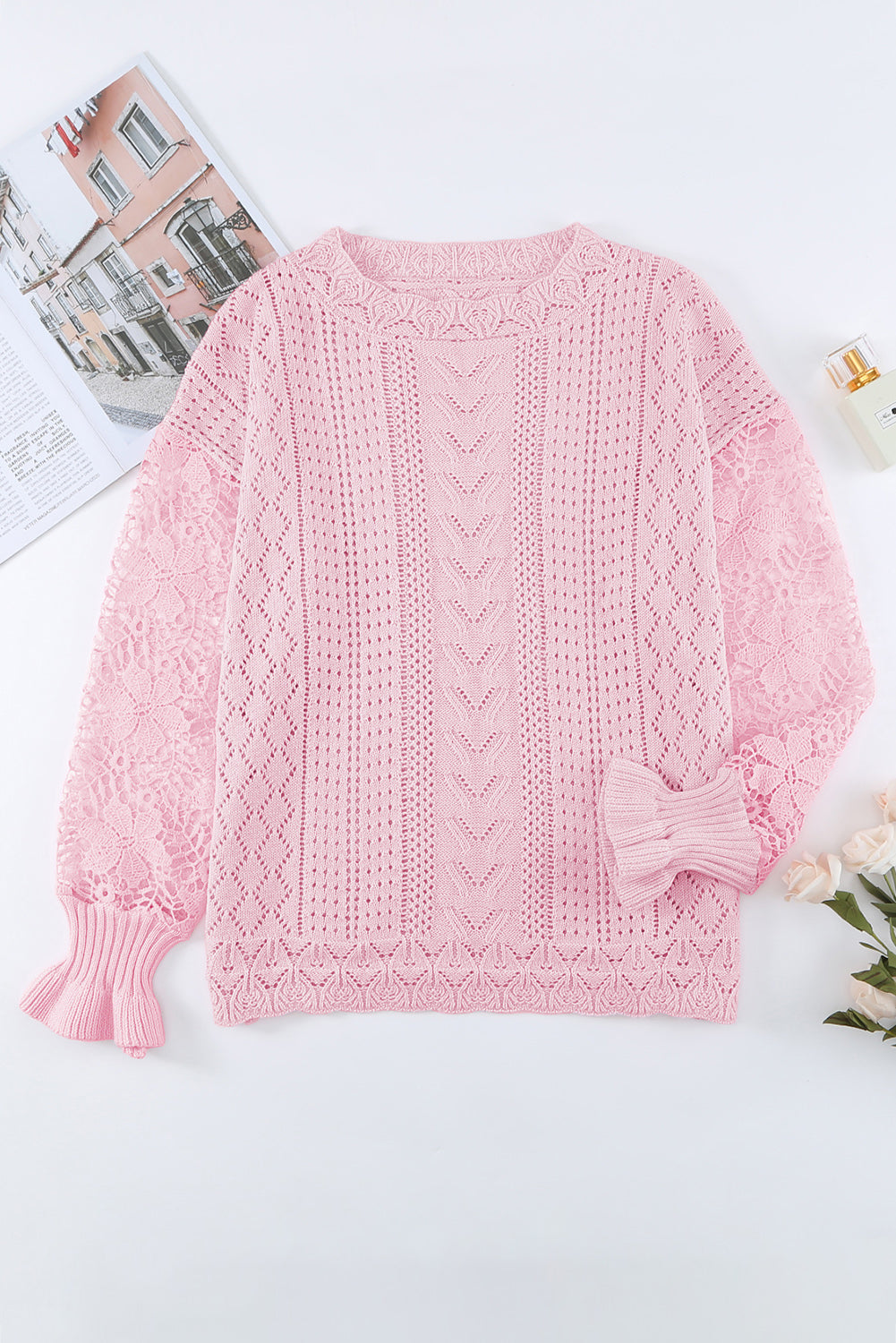 Openwork Round Neck Long Sleeve Sweater - Charming Charlie