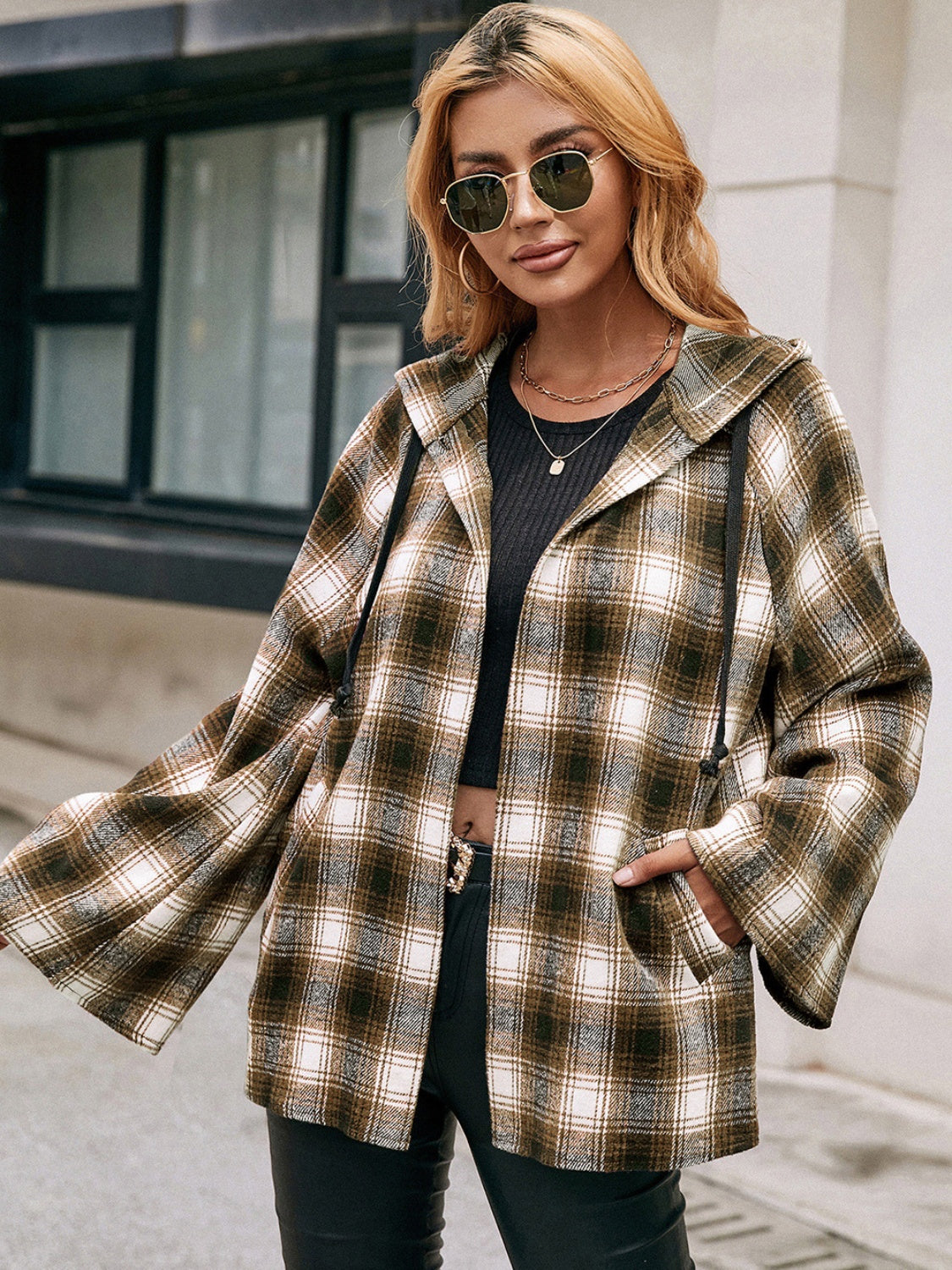 Pocketed Plaid Long Sleeve Hooded Jacket - Charming Charlie