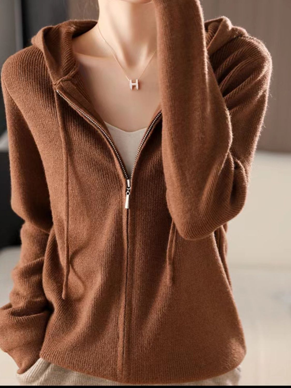 Drawstring Zip Up Long Sleeve Hooded Sweater - Charming Charlie