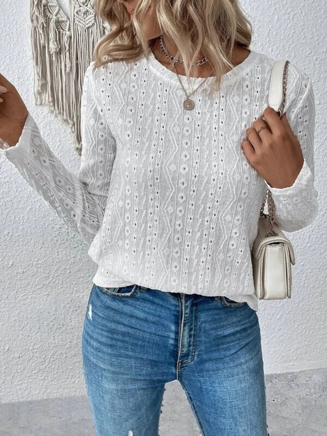 Eyelet Round Neck Long Sleeve Blouse - Charming Charlie