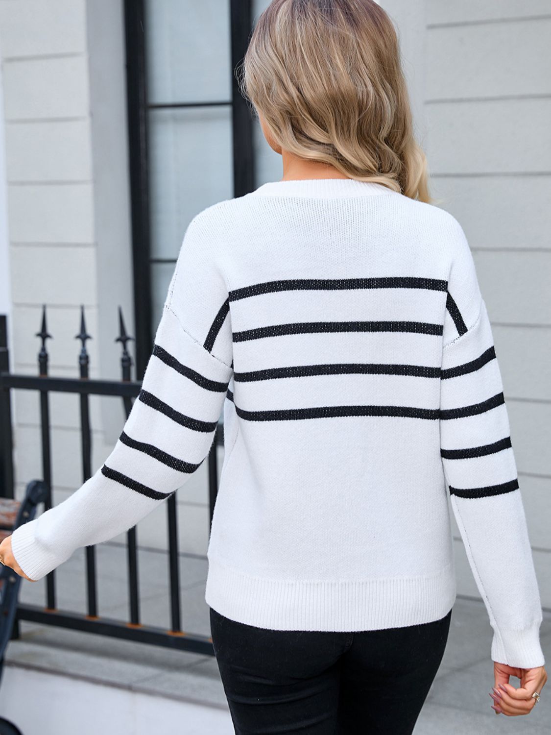Striped Round Neck Long Sleeve Sweater - Charming Charlie