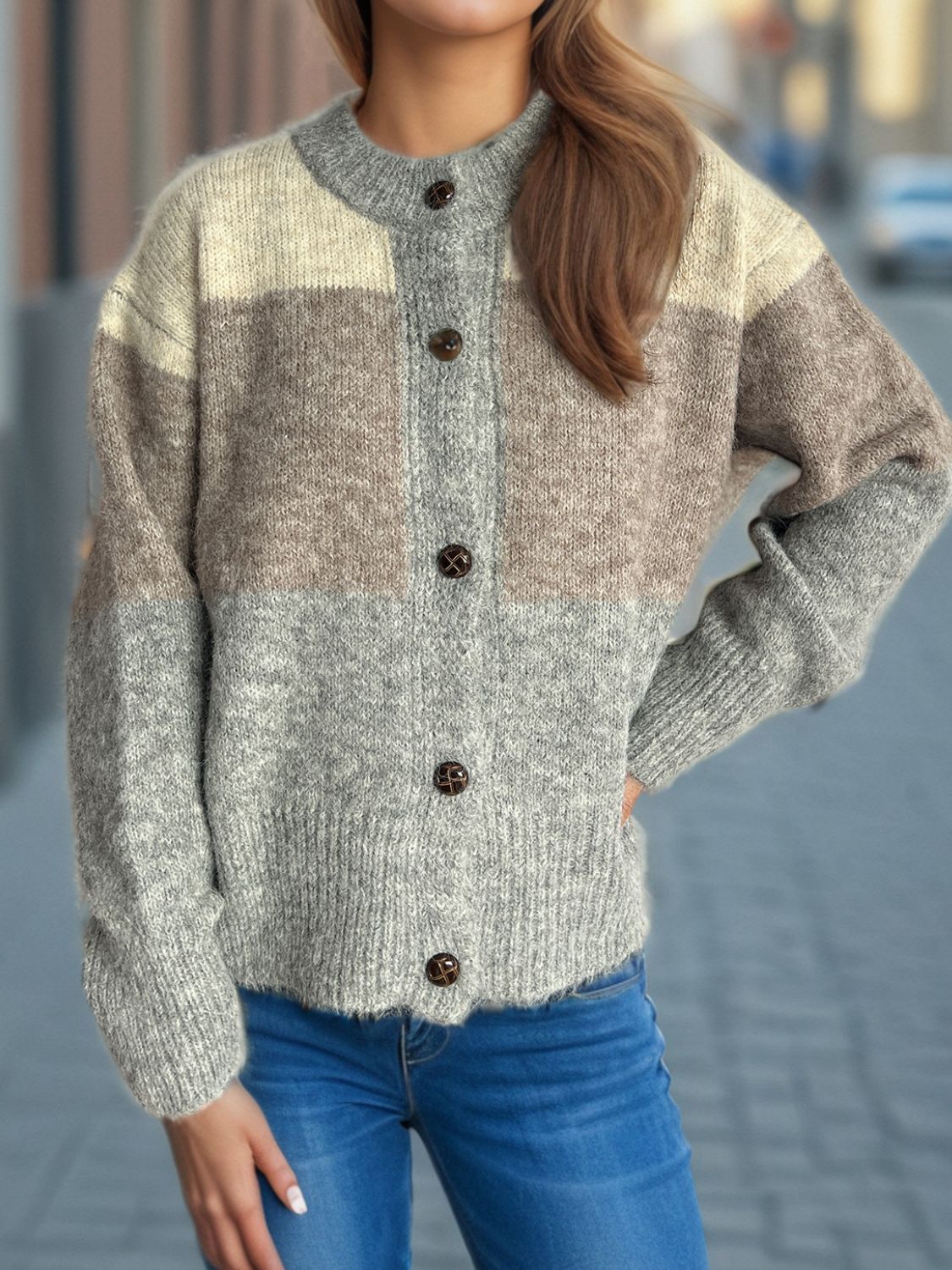 Color Block Round Neck Button Up Cardigan - Charming Charlie