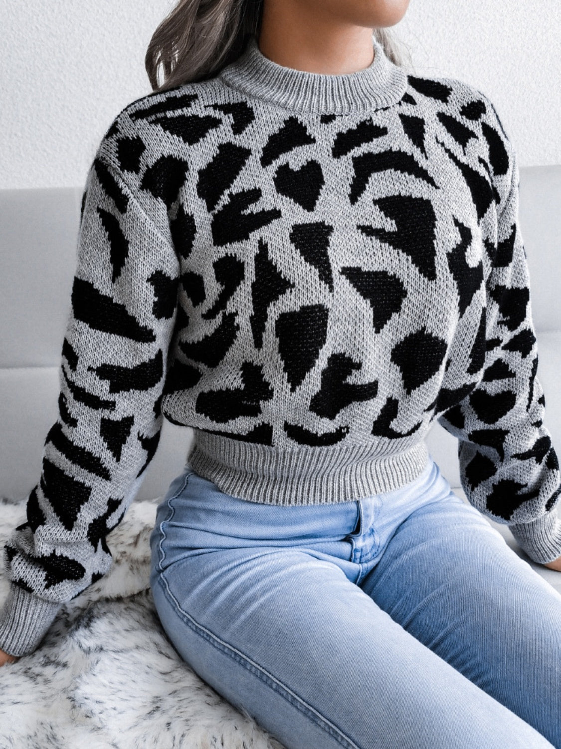 Leopard Round Neck Dropped Shoulder Sweater - Charming Charlie
