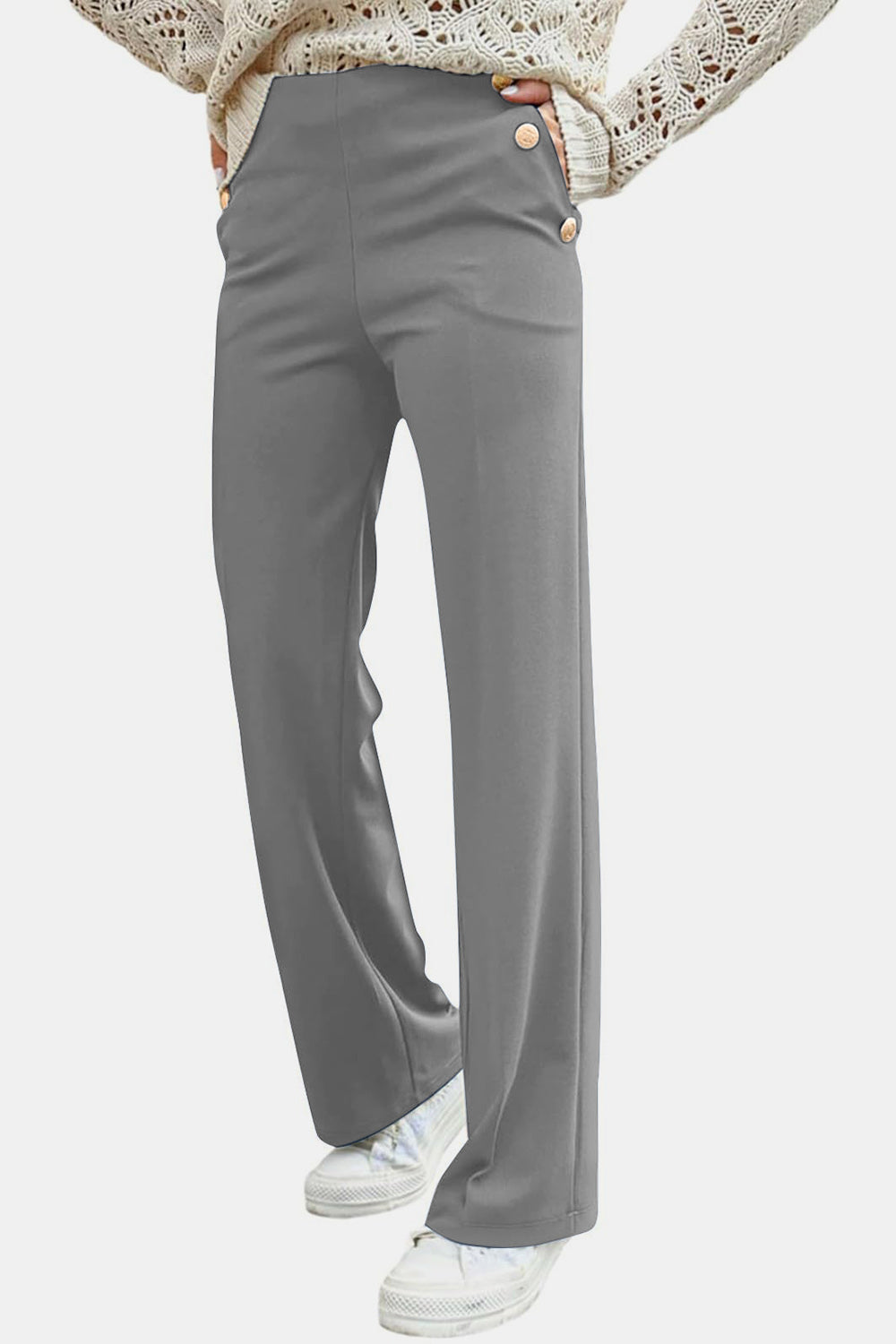 Decorative Button High Rise Pants - Charming Charlie
