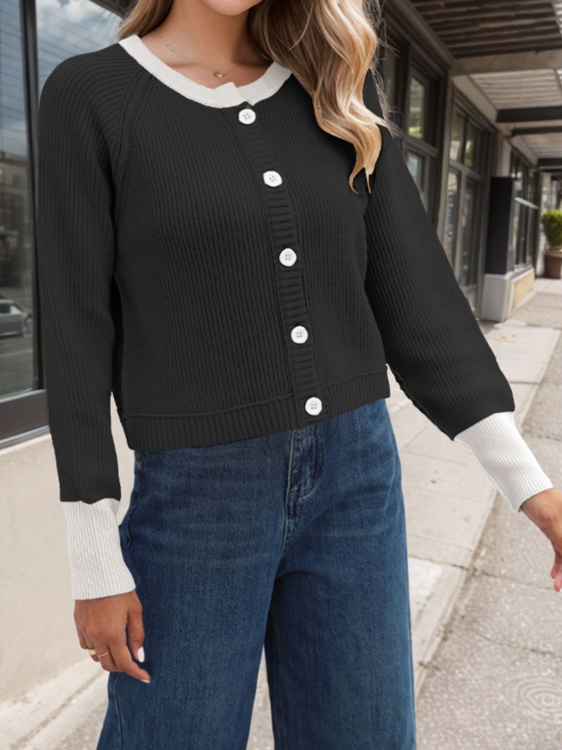Contrast Button Up Long Sleeve Cardigan - Charming Charlie