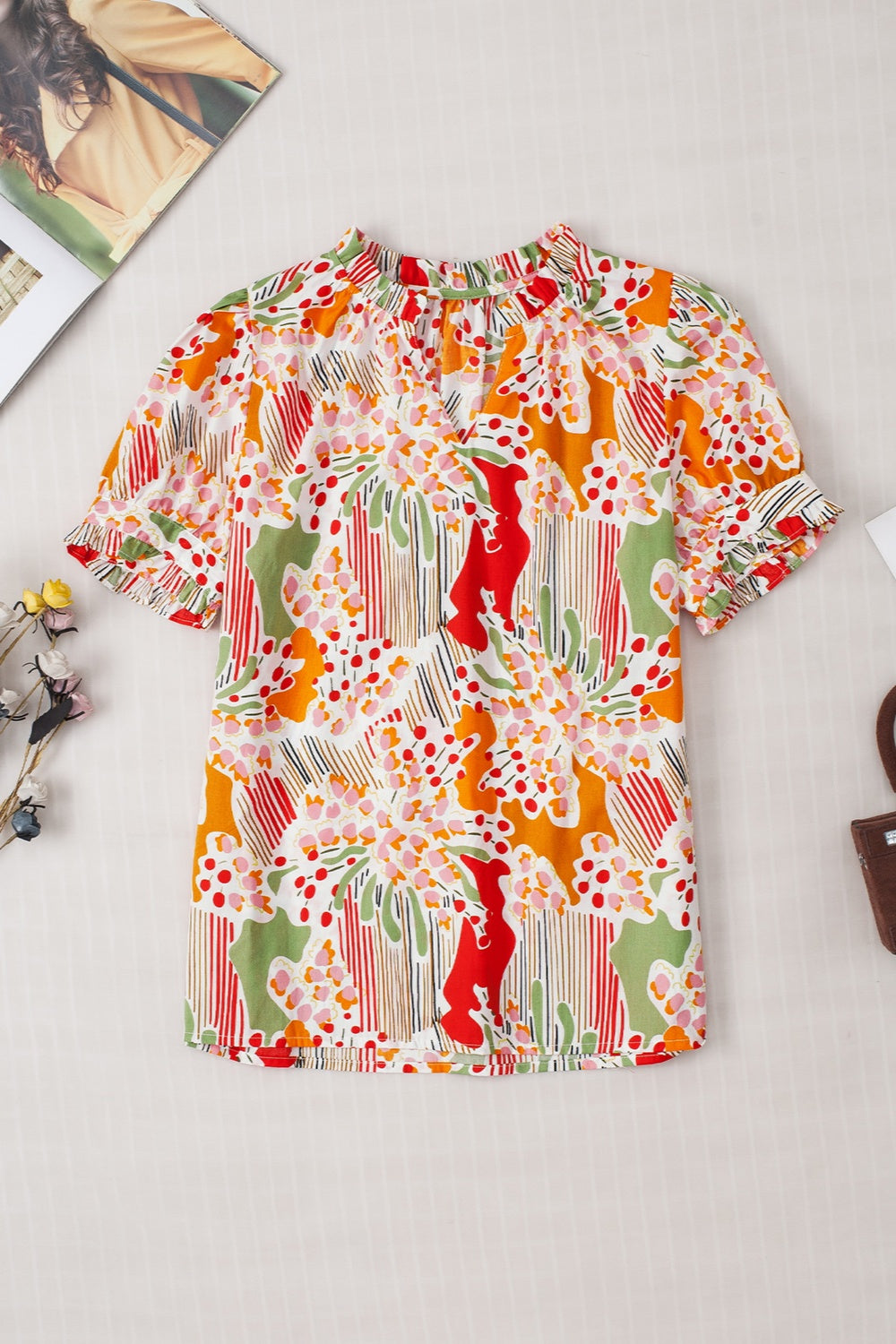 Printed Notched Short Sleeve Blouse - Charming Charlie