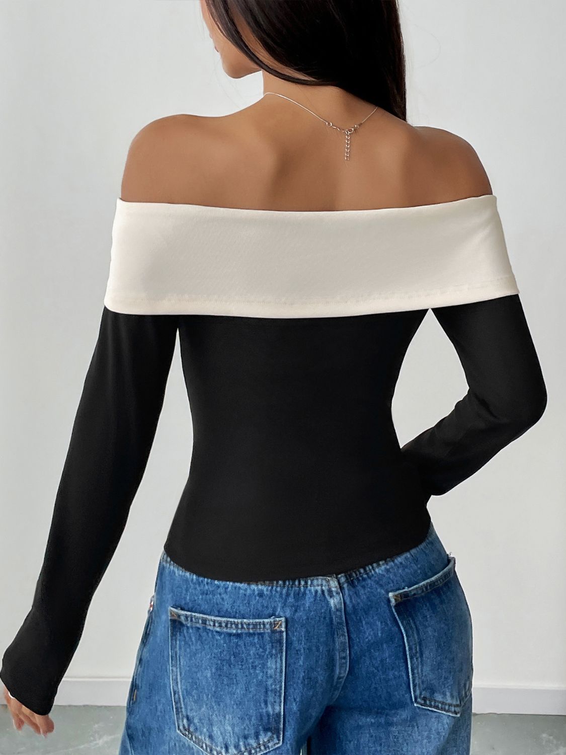Perfee Bow Contrast Off-Shoulder Long Sleeve Top - Charming Charlie