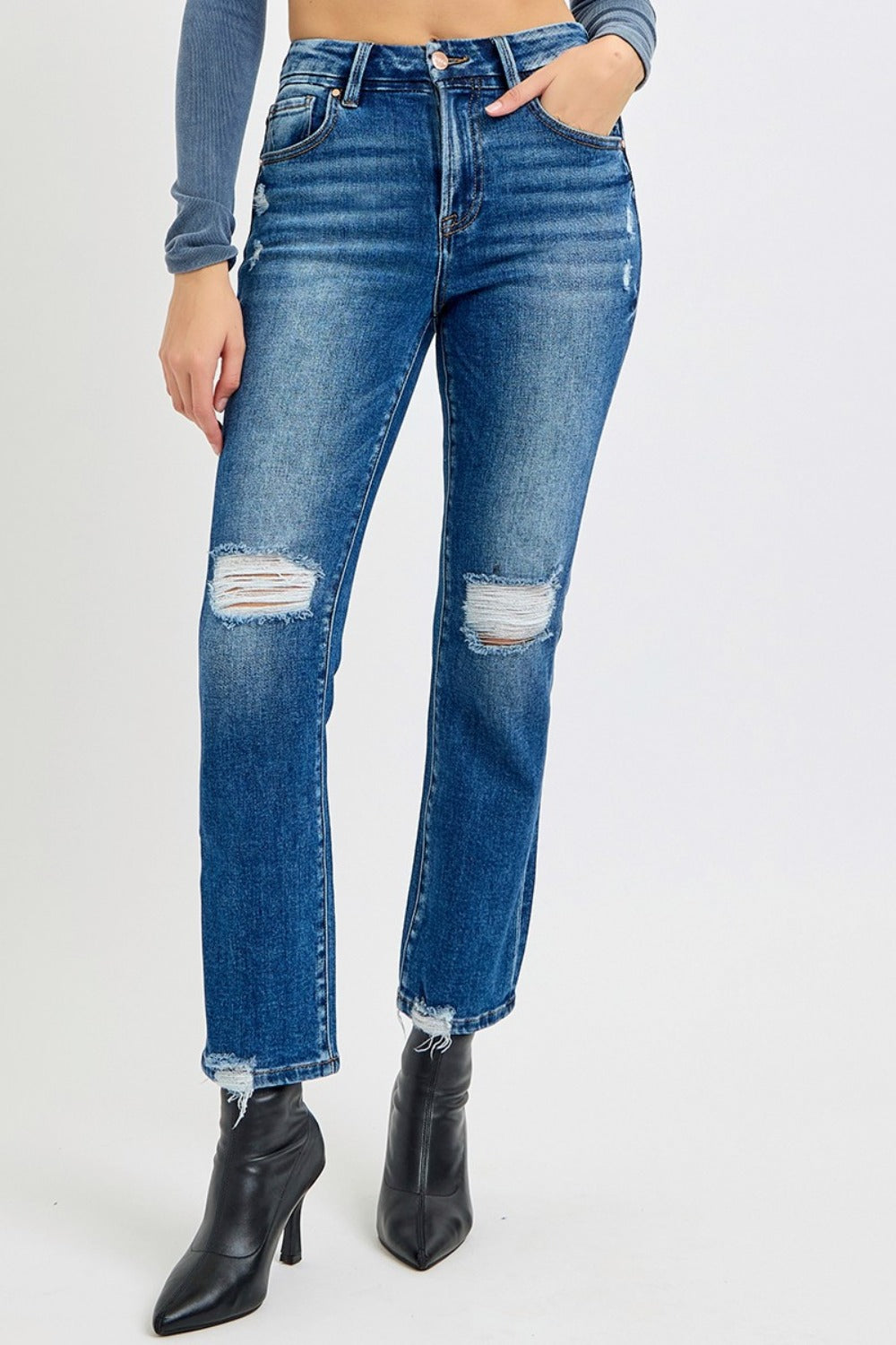 RISEN Full Size High Rise Distressed Crop Straight Jeans - Charming Charlie