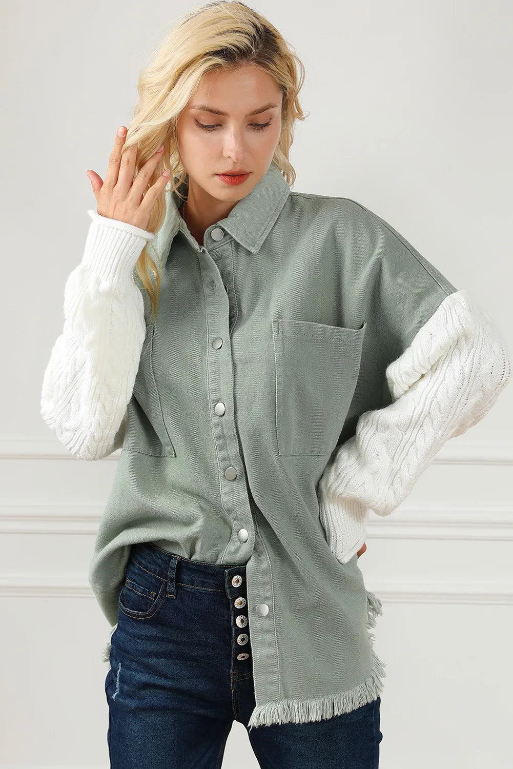 Raw Hem Collared Neck Button Up Long Sleeve Jacket - Charming Charlie