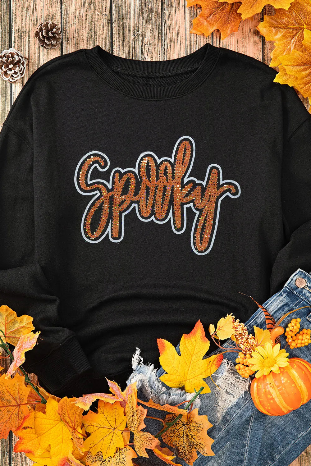 SPOOKY Rhinestone Round Neck Long Sleeve Sweatshirt - Charming Charlie