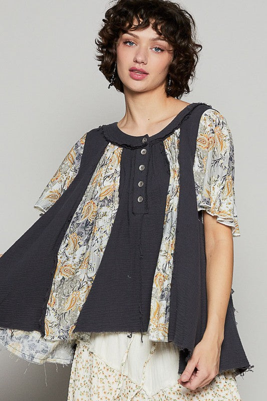 POL Floral Embroidered Half Sleeve Cotton Shirt