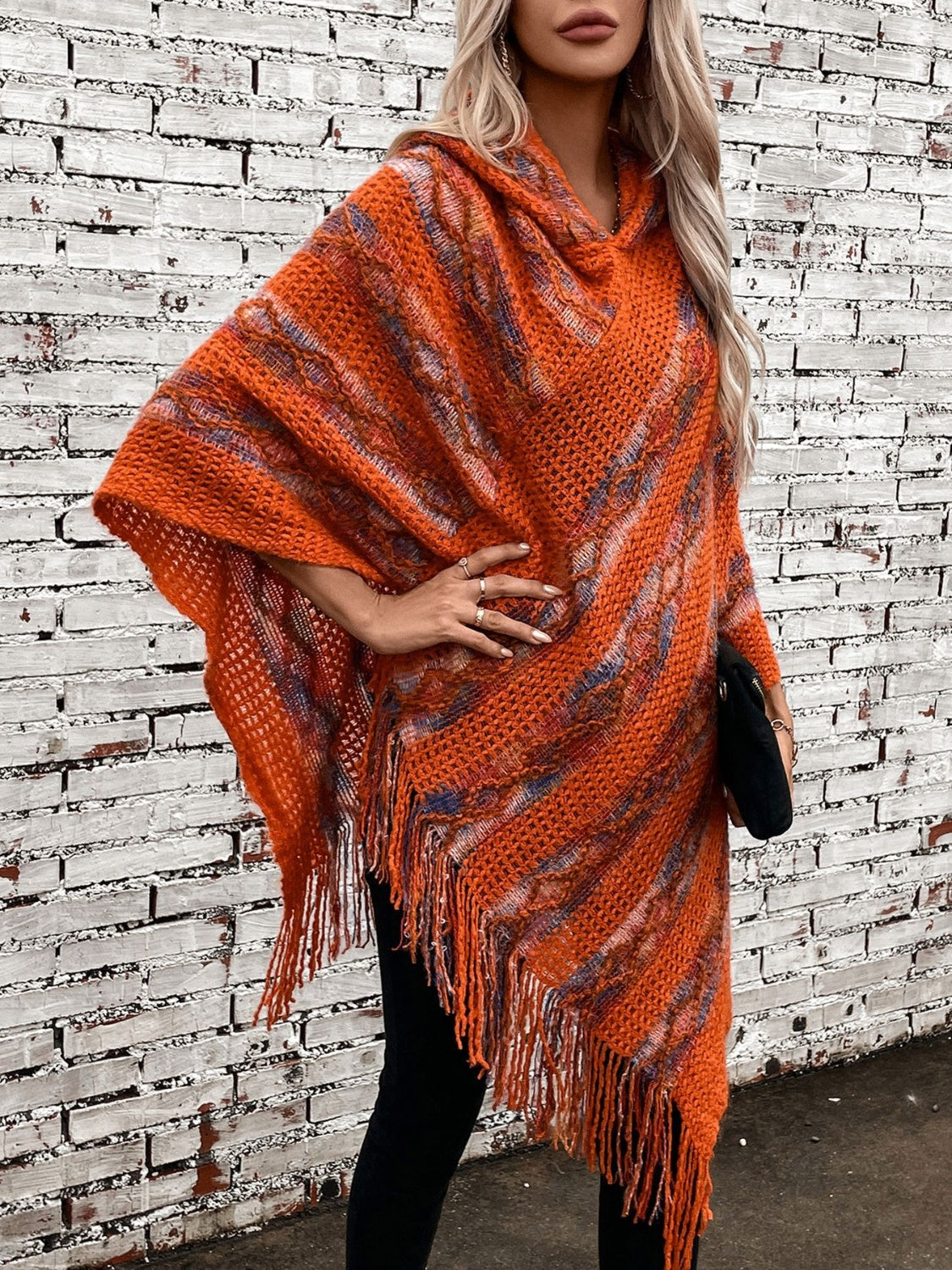 Fringe Contrast Hooded Poncho - Charming Charlie