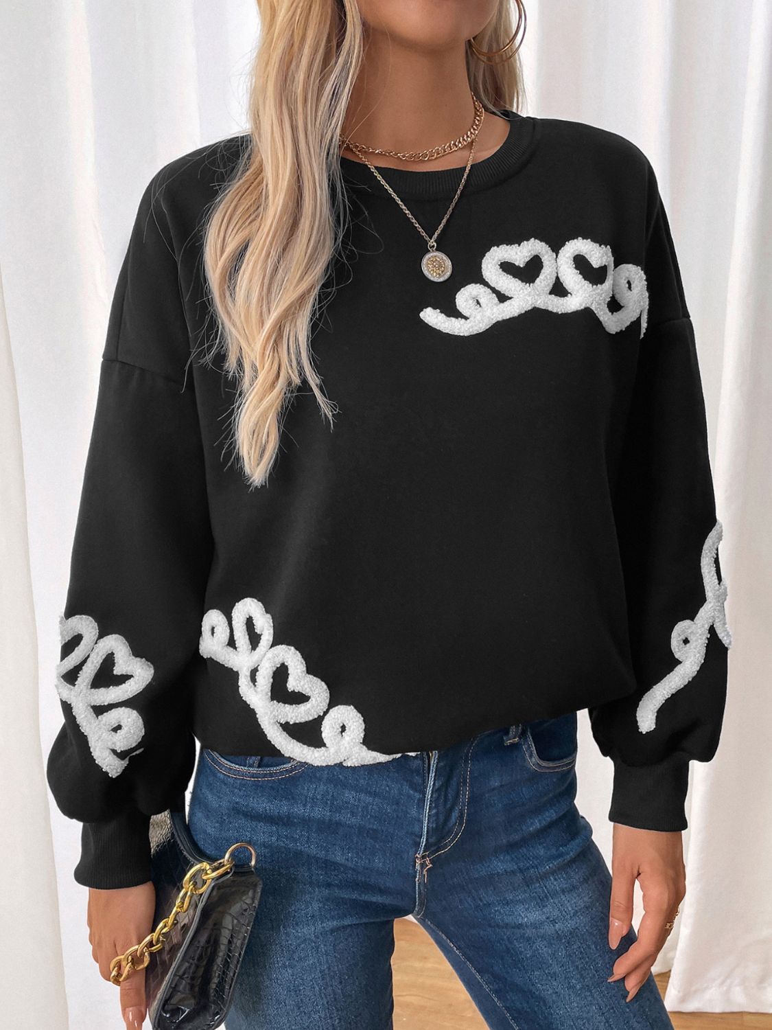 Perfee Heart Round Neck Long Sleeve Sweater - Charming Charlie
