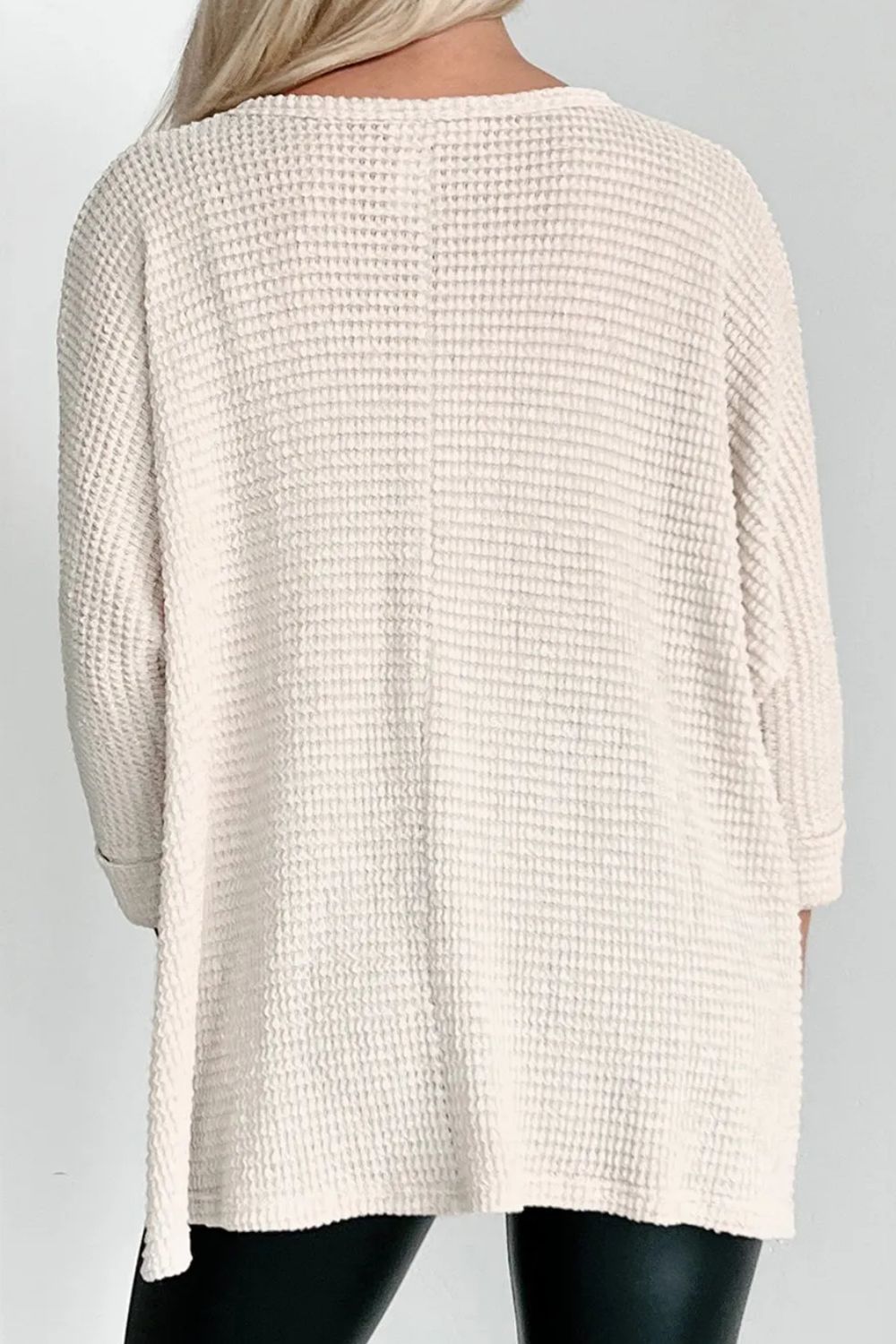 Waffle-Knit Slit Round Neck Long Sleeve Top - Charming Charlie