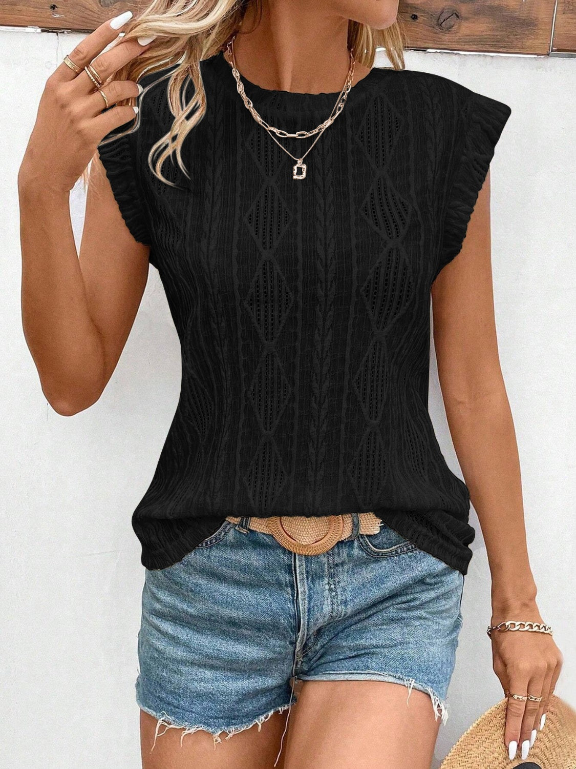 Openwork Round Neck Cap Sleeve Top - Charming Charlie
