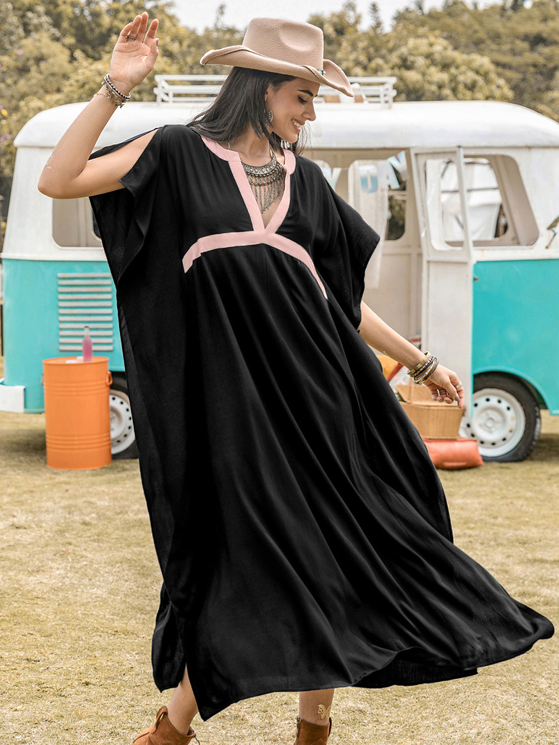 Contrast Trim Notched Slit Short Sleeve Midi Dress - Charming Charlie