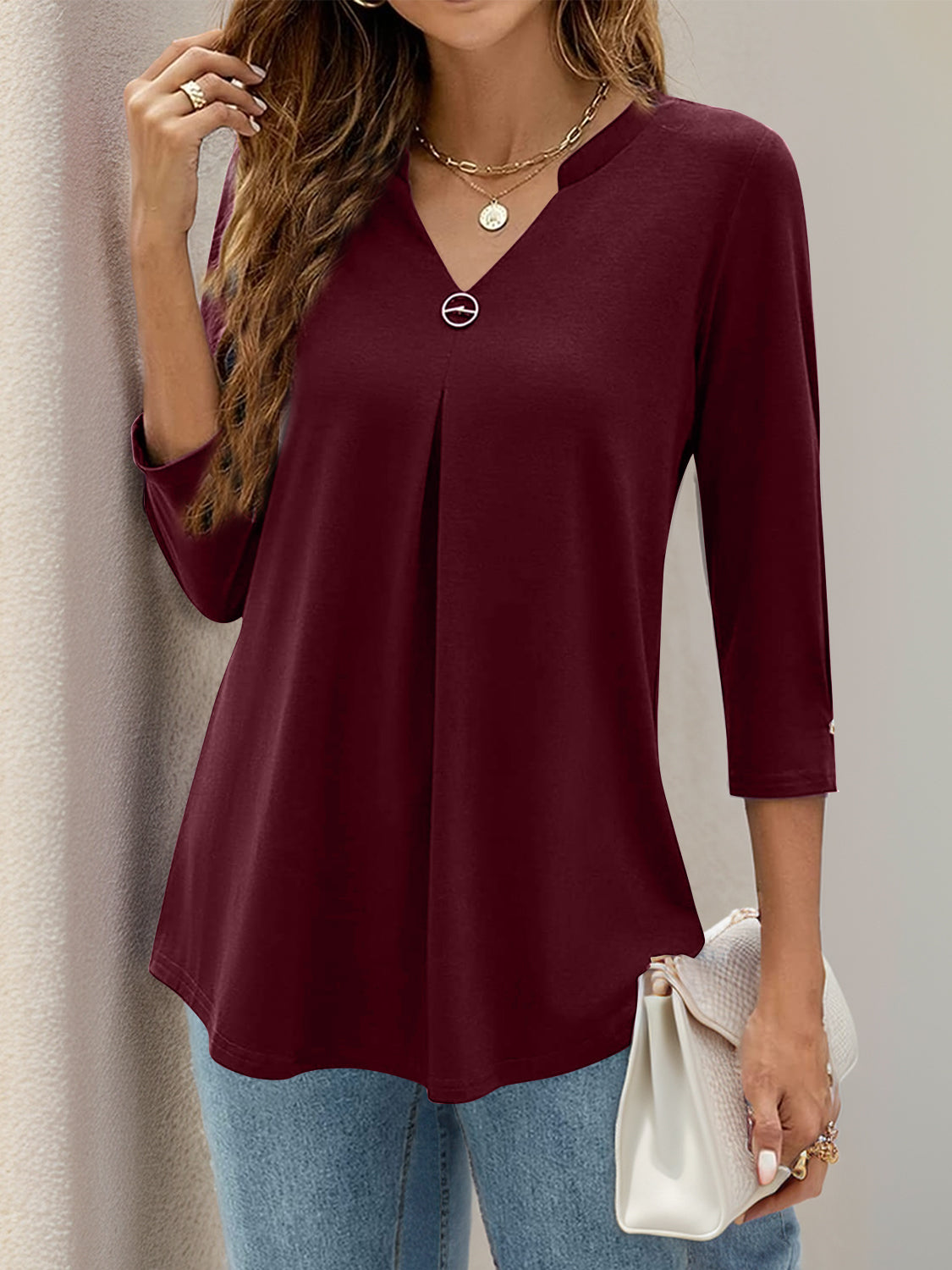 Notched Three-Quarter Sleeve T-Shirt - Charming Charlie
