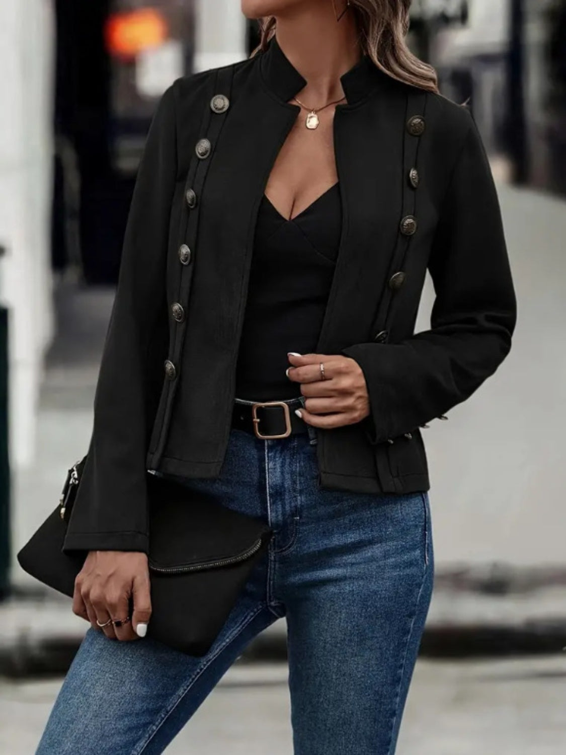 Decorative Button Open Front Long Sleeve Jacket - Charming Charlie