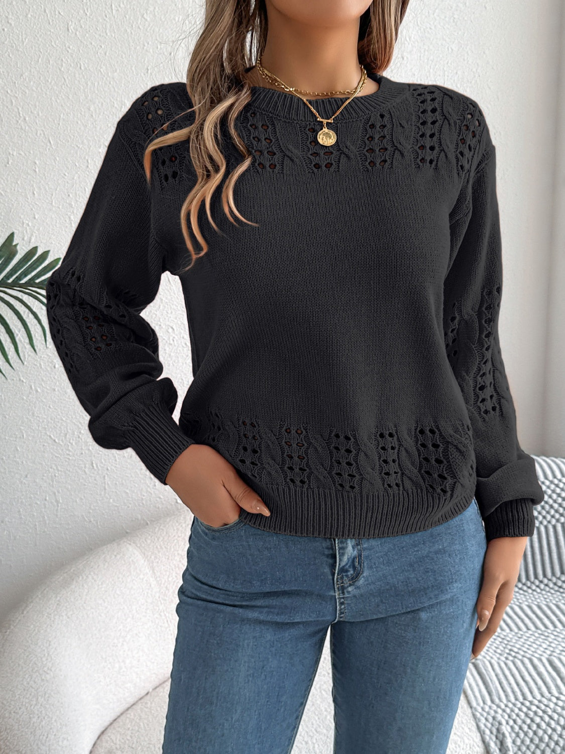 Openwork Round Neck Long Sleeve Sweater - Charming Charlie