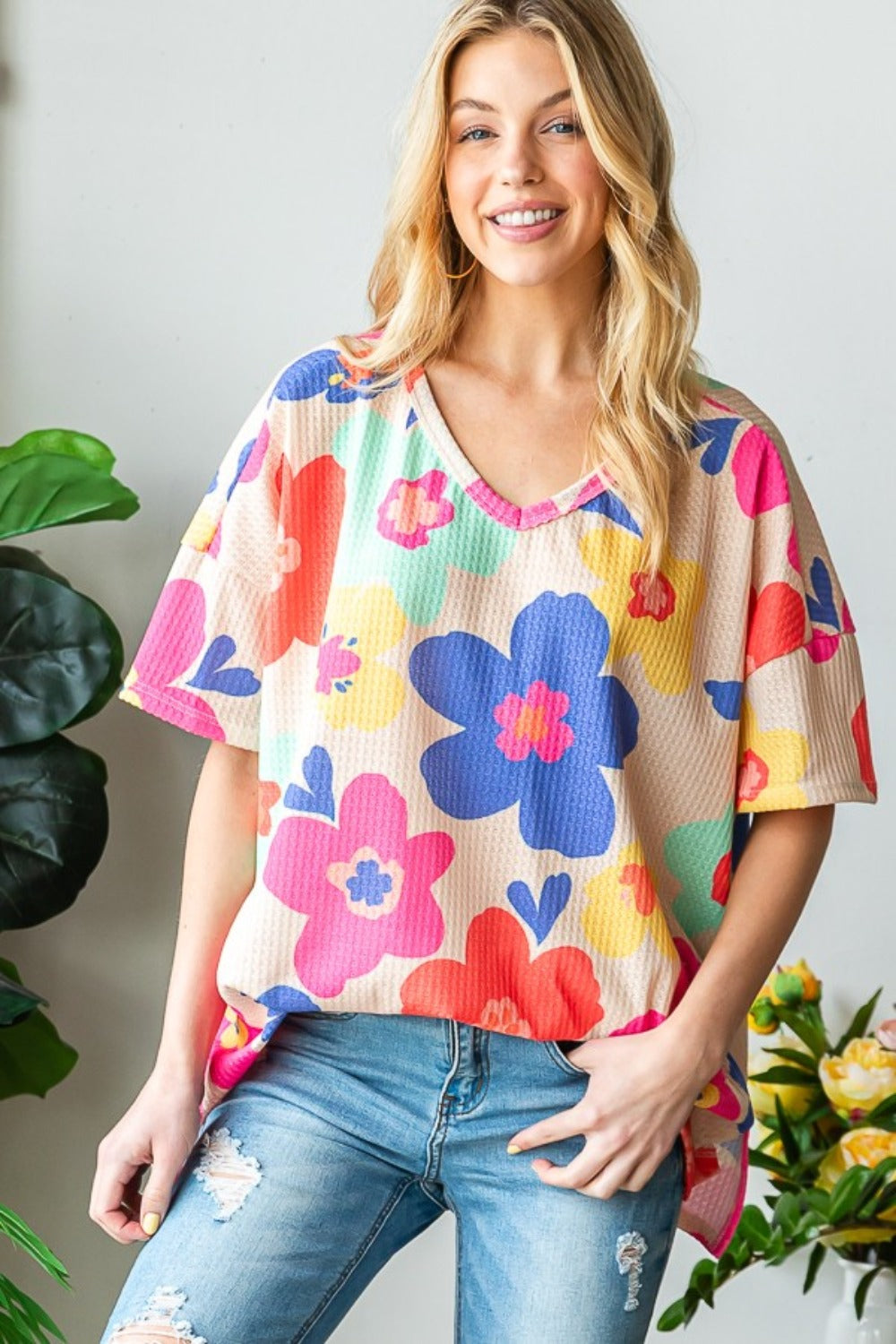HOPELY Full Size Floral V-Neck Side Slit T-Shirt - Charming Charlie