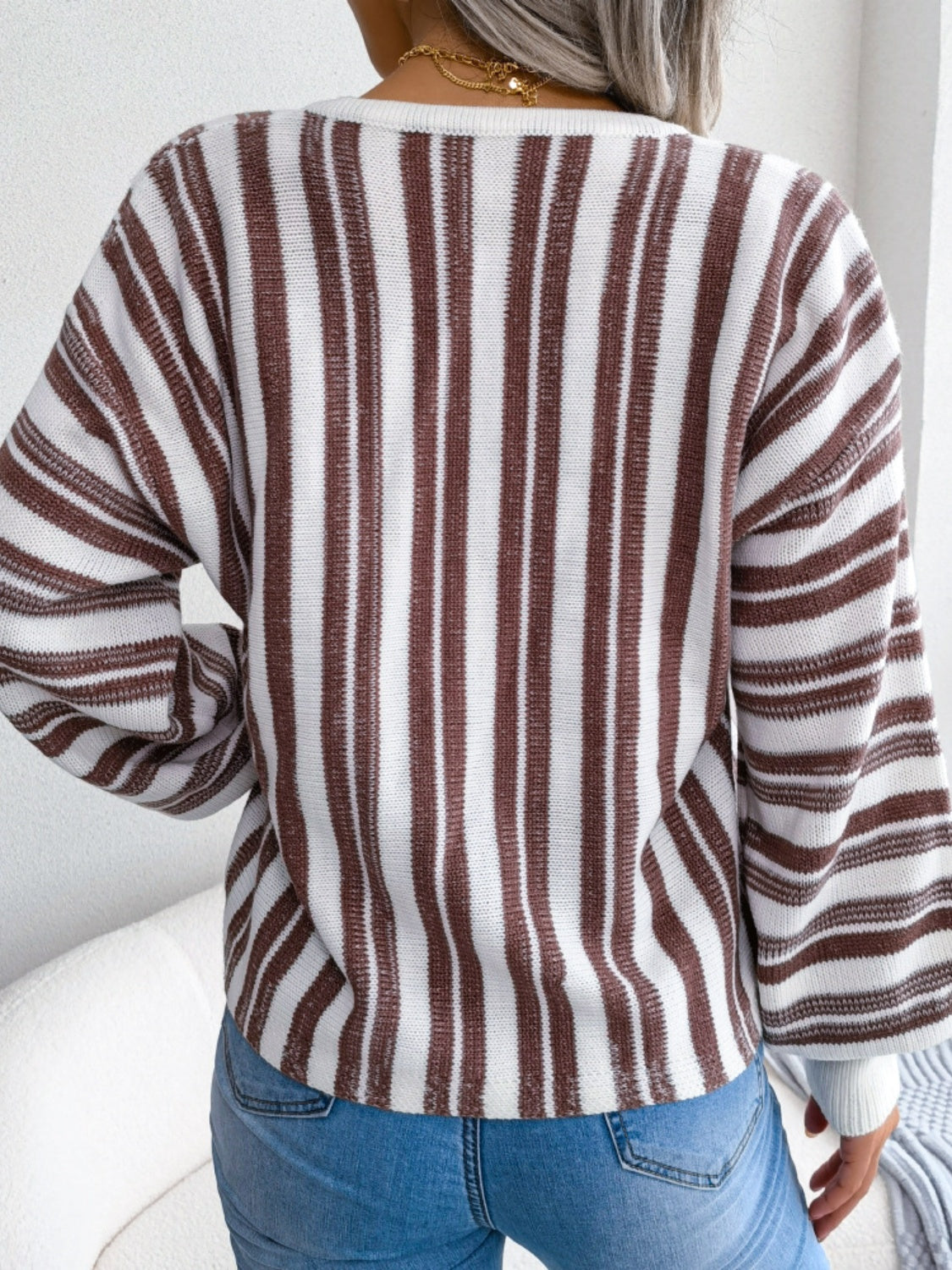 Striped Lace-Up Long Sleeve Sweater - Charming Charlie