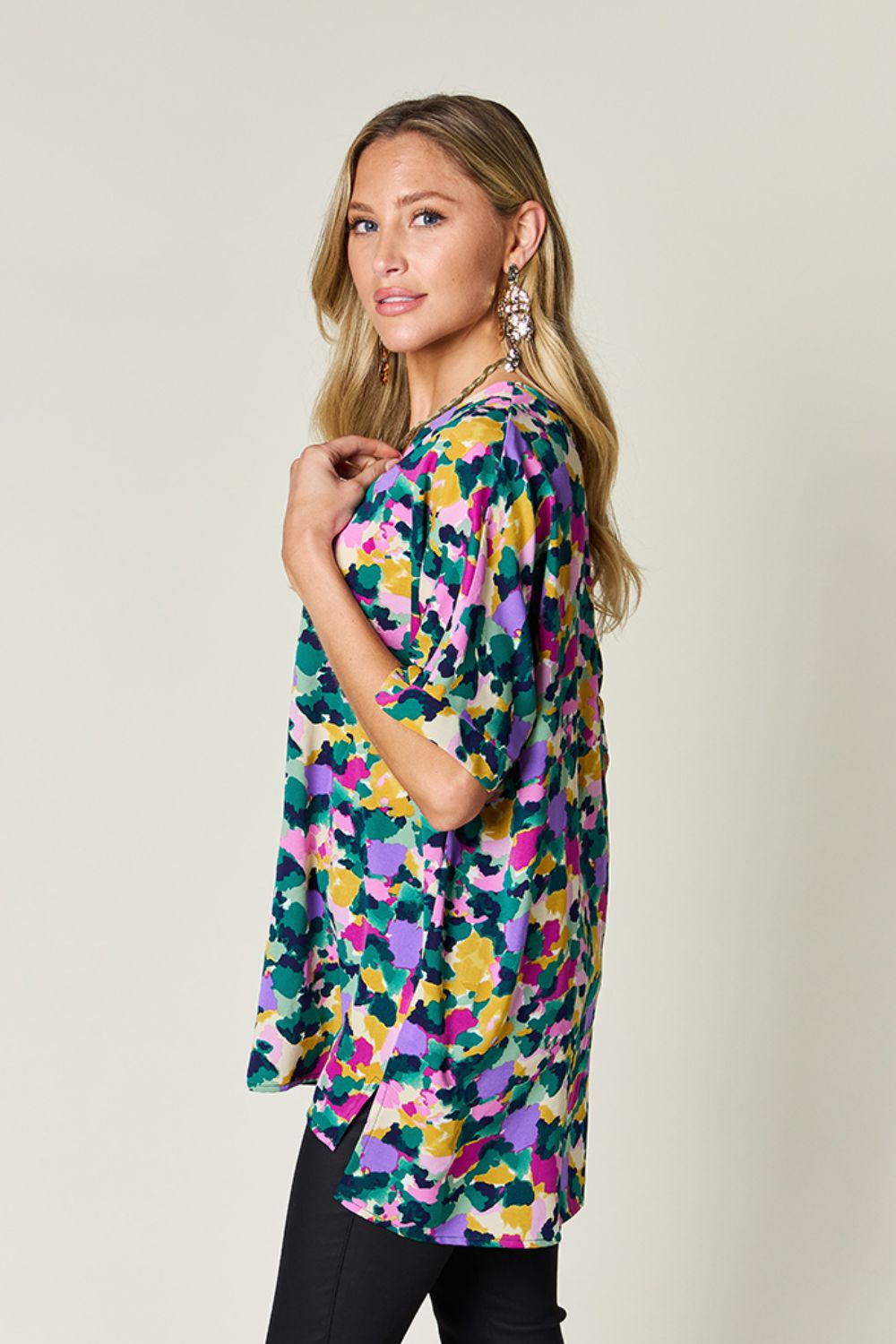 Double Take Full Size Printed V-Neck Short Sleeve Side Slit Top - Charming Charlie