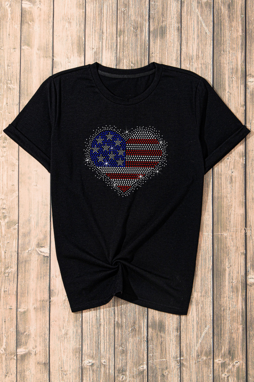 Rhinestone Heart Round Neck Short Sleeve T-Shirt - Charming Charlie