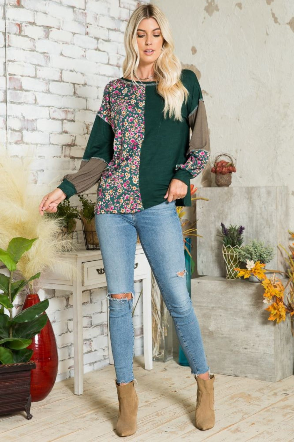 Celeste Full Size Floral Color Block Exposed Seam T-Shirt - Charming Charlie