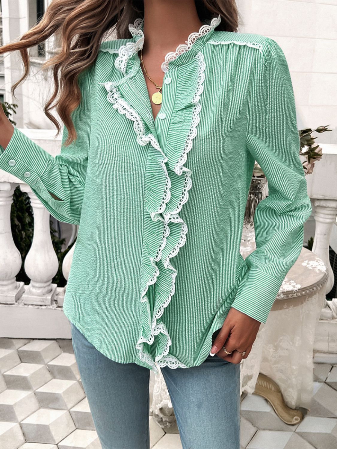 Lace Detail Ruffled Round Neck Long Sleeve Shirt - Charming Charlie