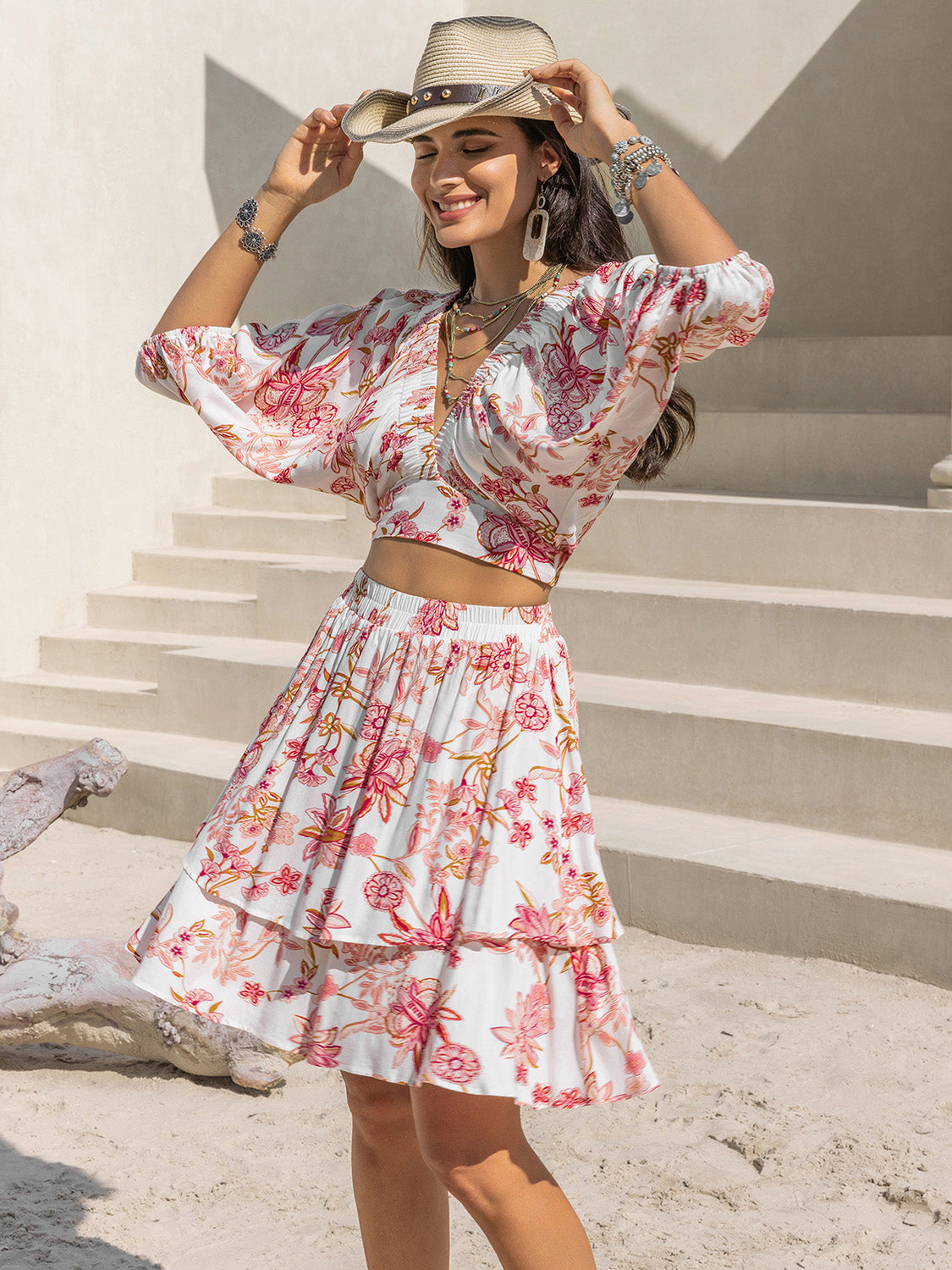 Printed Half Sleeve Top and Layered Skirt Set - Charming Charlie