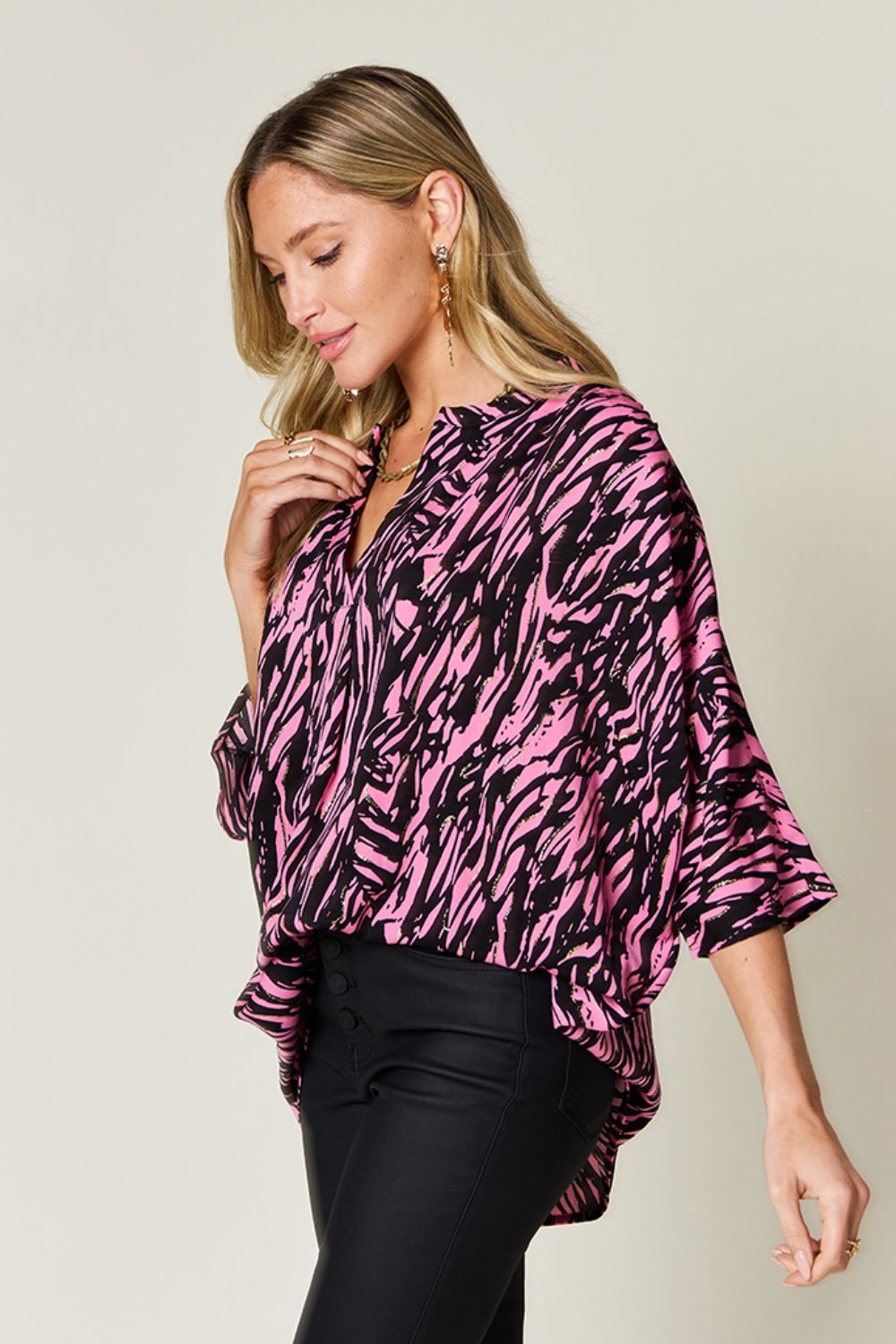 Double Take Full Size Printed Notched Three-Quarter Sleeve Blouse - Charming Charlie