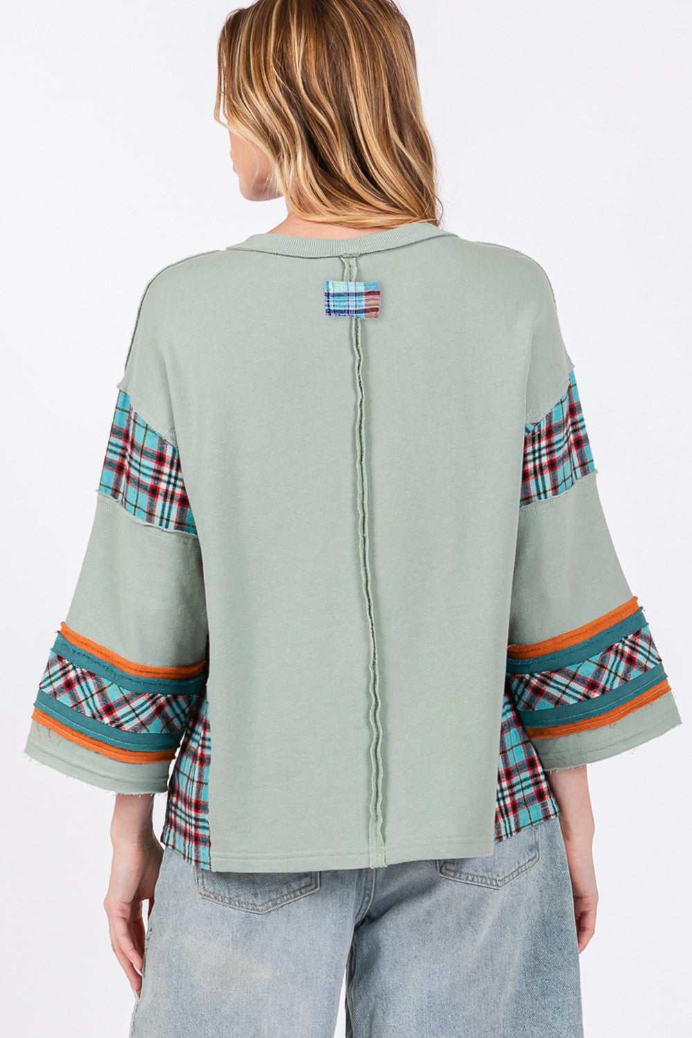 SAGE + FIG Peace Applique Patch Contrast Plaid Top - Charming Charlie