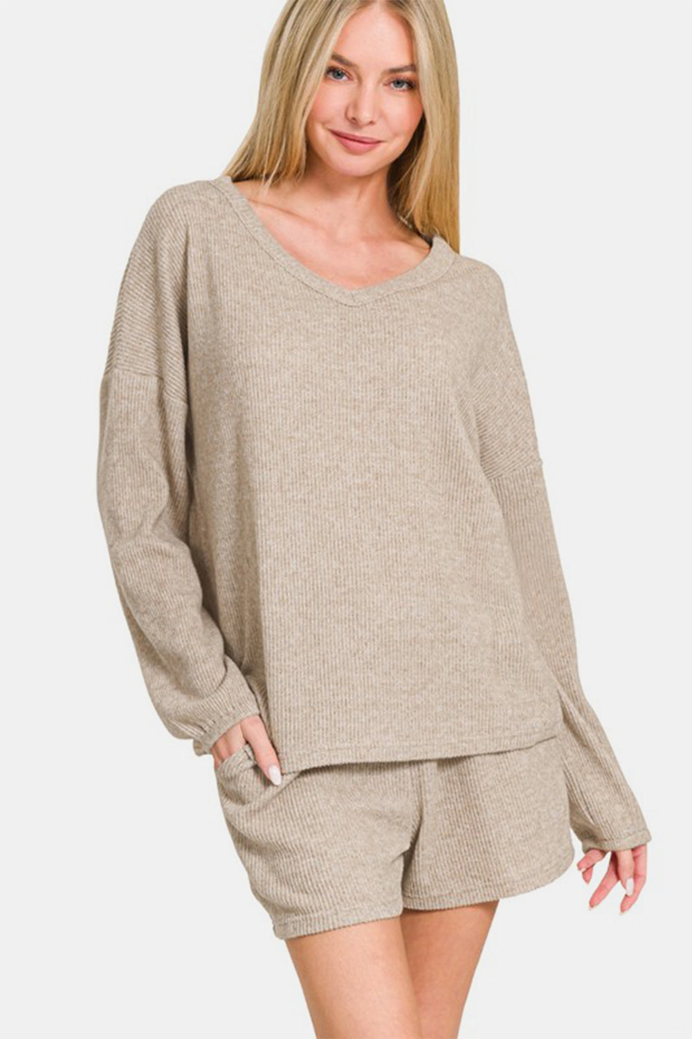 Zenana V-Neck Long Sleeve Ribbed Top and Shorts Set - Charming Charlie