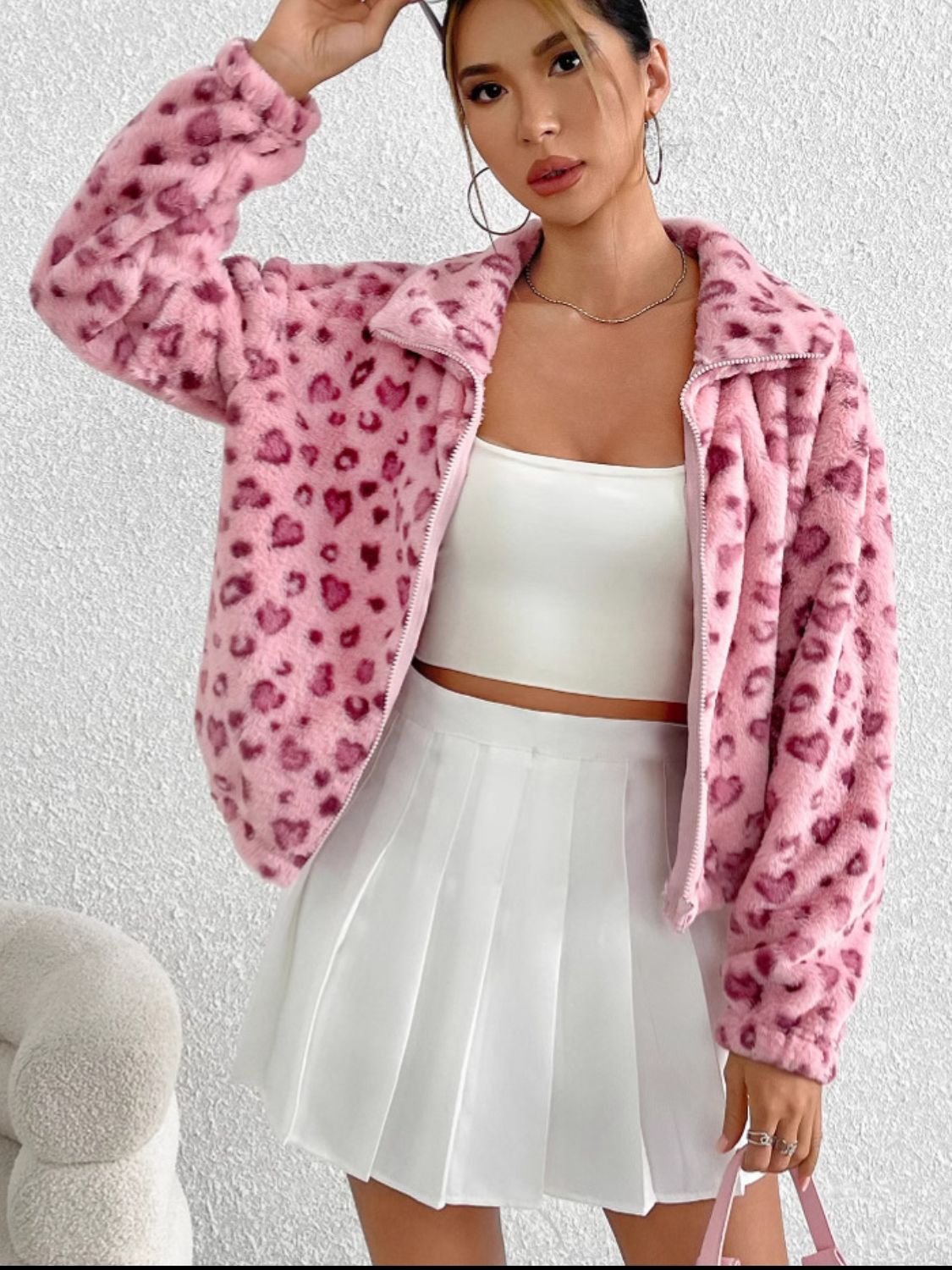 Leopard Zip Up Long Sleeve Furry Jacket - Charming Charlie