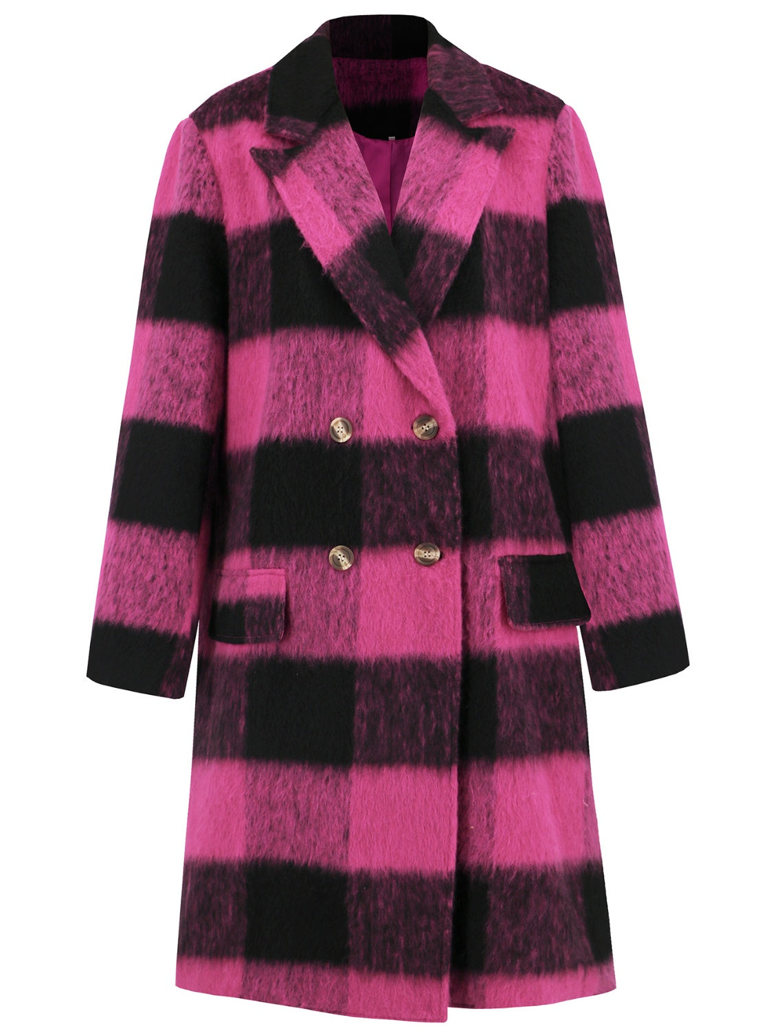 Plaid Double-Breasted Long Sleeve Coat - Charming Charlie